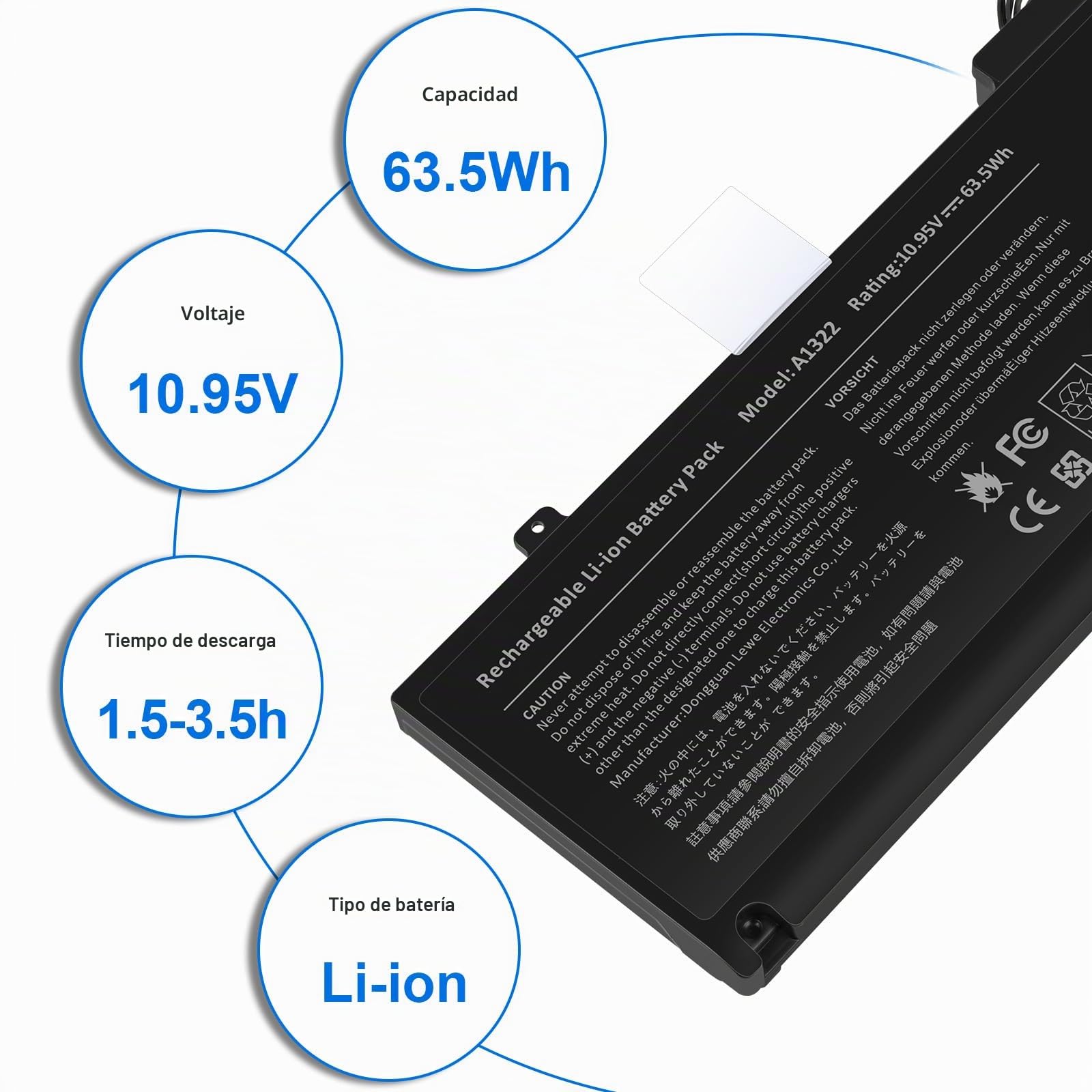 A1278 A1322 Baterías para portátiles y netbooks para MacBook Pro 13 Inch [2009 2010 2011 2012 Version] con Gran Capacidad & Alto Rendimiento & Larga Vida [10.95V 65.7Wh]