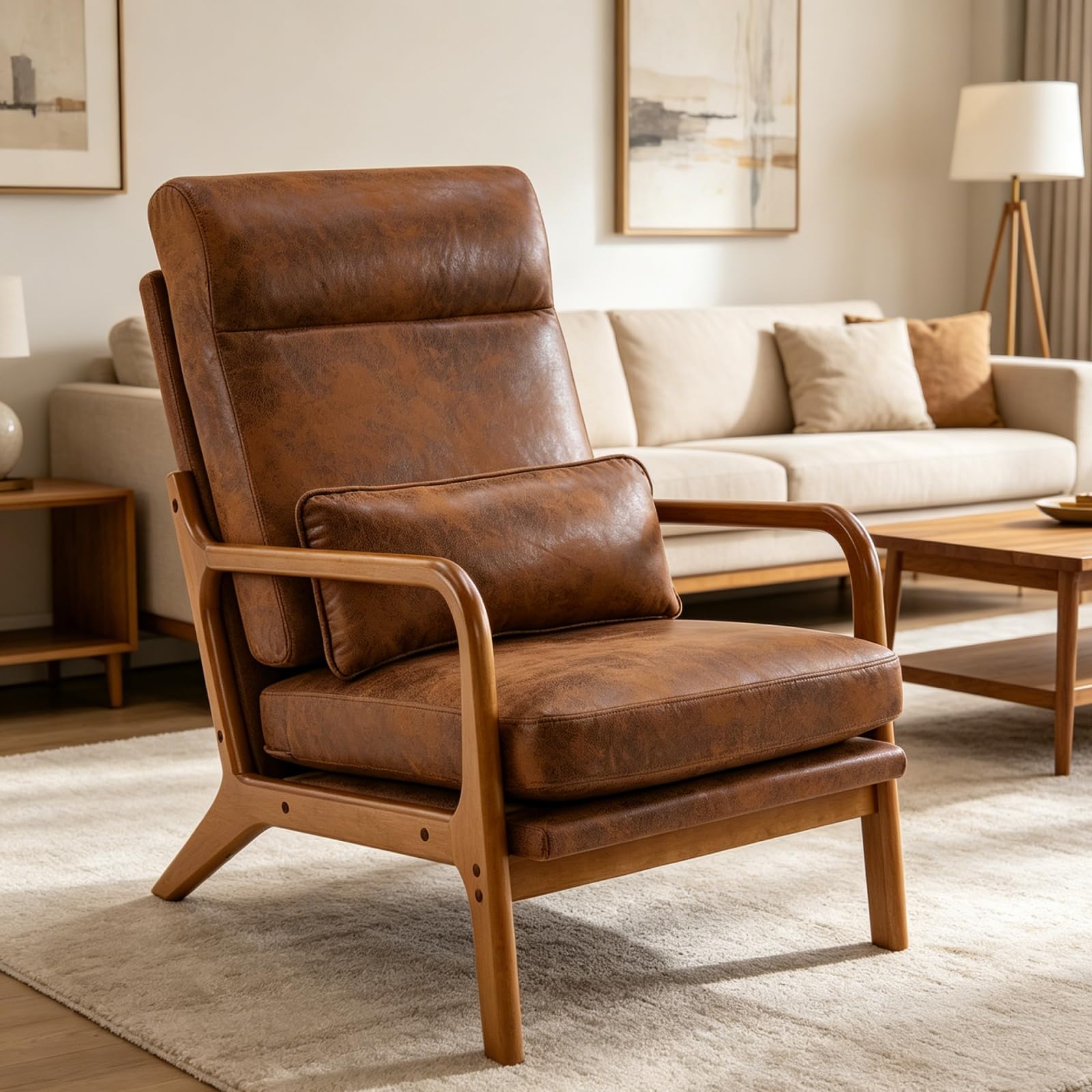 LEADZM Fauteuil de Salon avec Cadre en Bois Massif Fauteuil Lounge, Fauteuil Relax Scandinave, Dossier Haut, pour Salle à Manger, Salon, Chambre, Siege Bureau (Marron)