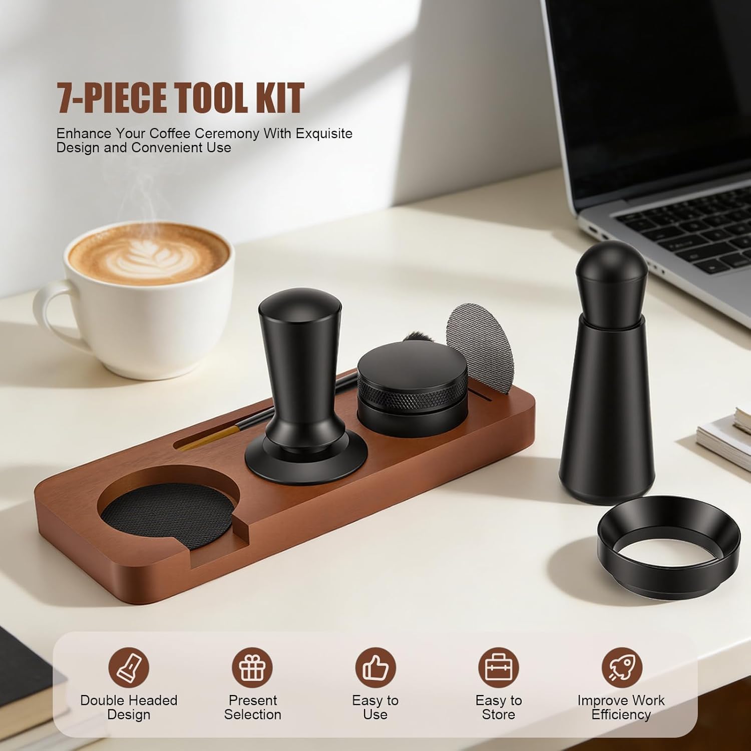 Kit Barista Café 7 Piezas, Accesorios de Espresso, Juego de Prensador Café, Tamper 51mm Estación Prensado, Distribuidor, Herramienta WDT, Anillo Dosador, Filtro Puck, Cepillo, Máquina Portafiltro