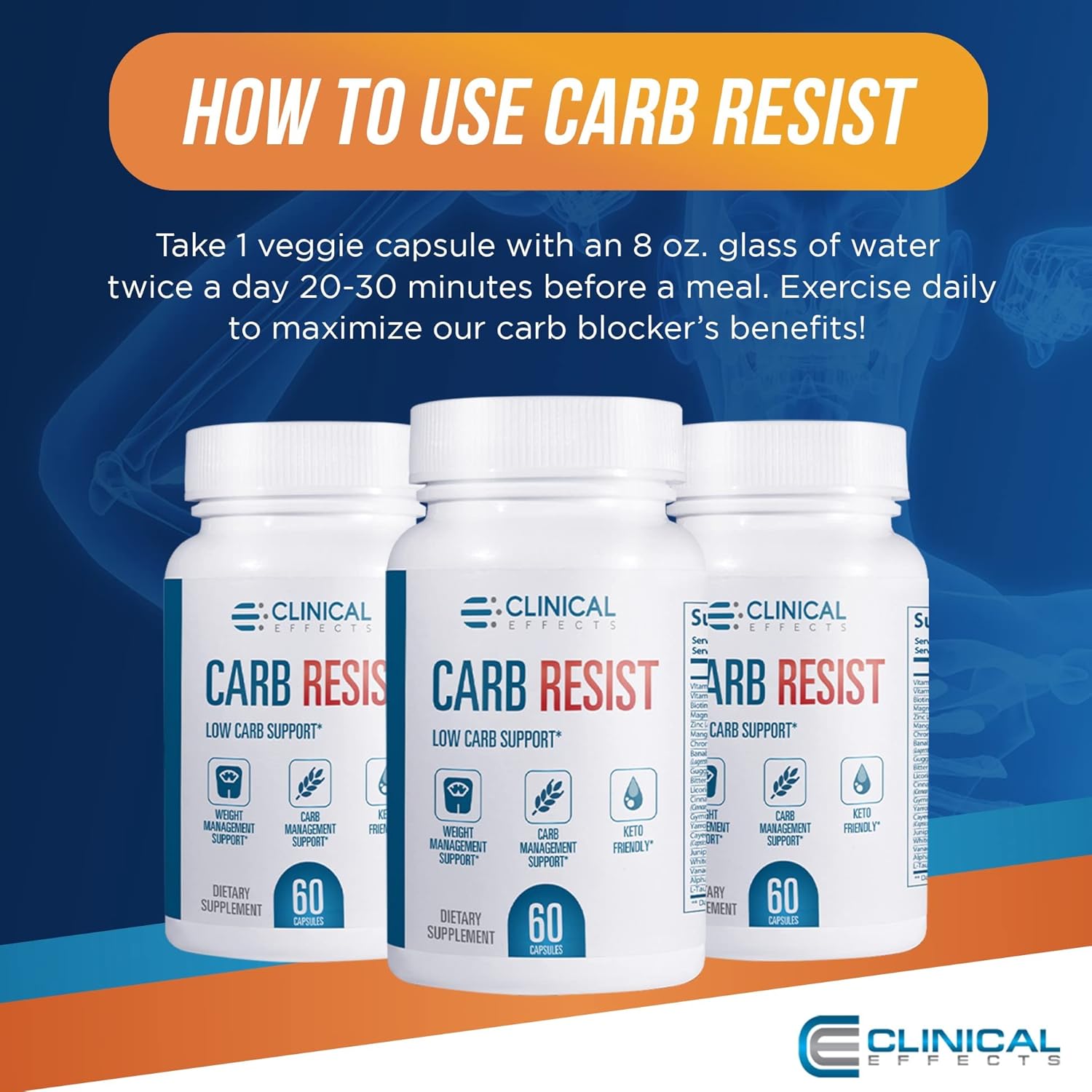 Clinical Effects Carb Resist - Carb Blocker with Vitamin C - 60 Capsules - Ideal for Keto or Low Carb Lifestyle - Supports Heart Health and Weight Management - Plant-Based : Health & Household