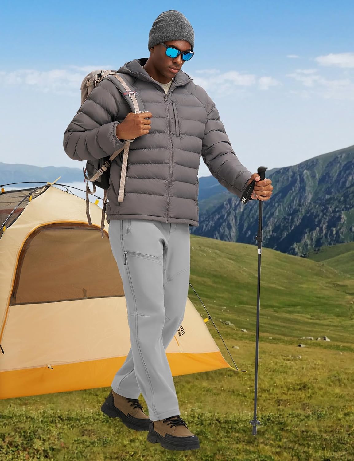 YSENTO Men's Insulated Snow Ski Pants Waterproof Winter Fleece Lined Softshell Hiking Cargo Pants Zipper Pockets Light Grey 34 - Image 3