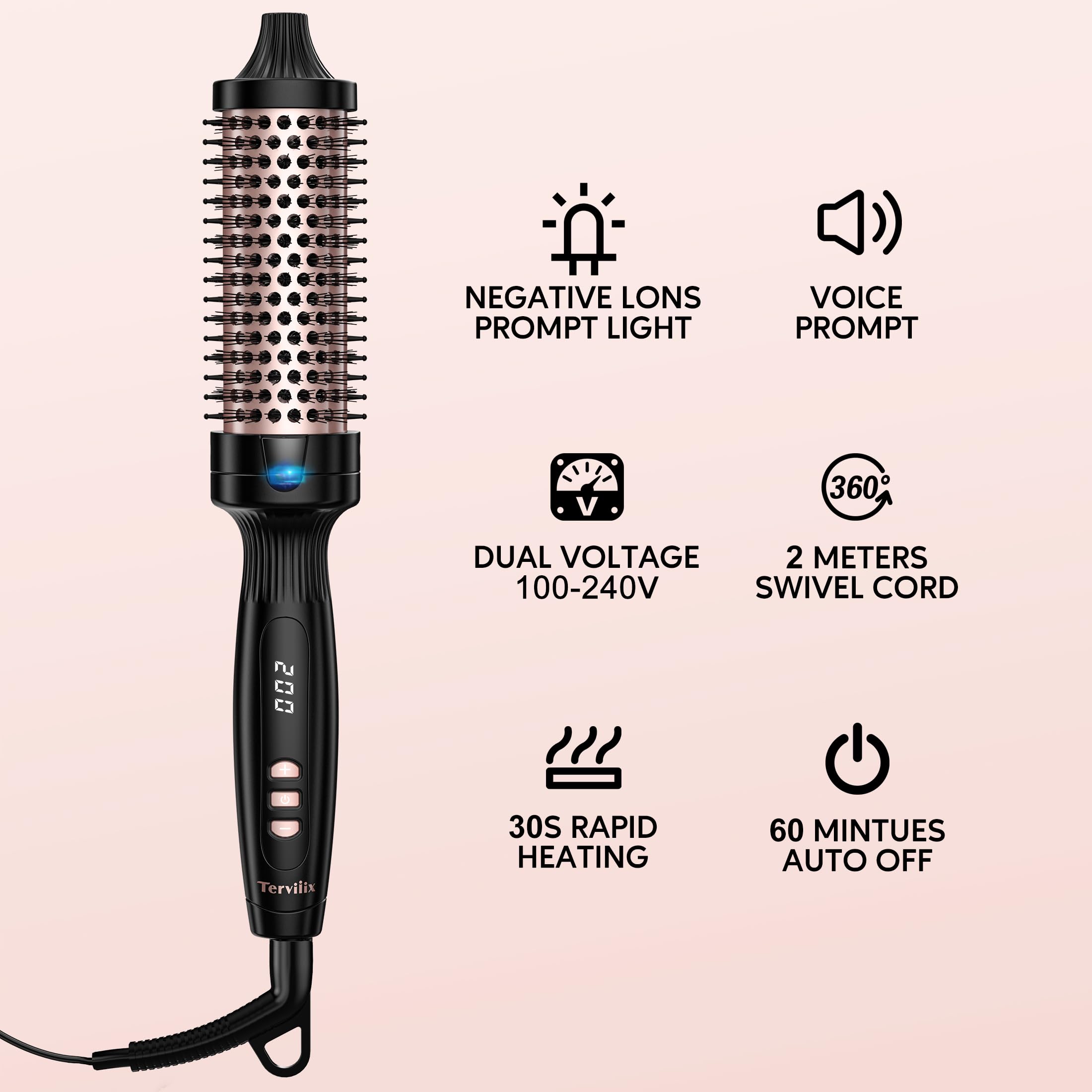 Terviiix Fer à boucler à brosse thermique, 38MM Thermal Brush, Tourmaline céramique ionique, double MCH, affichage digital 5 températures, double voltage
