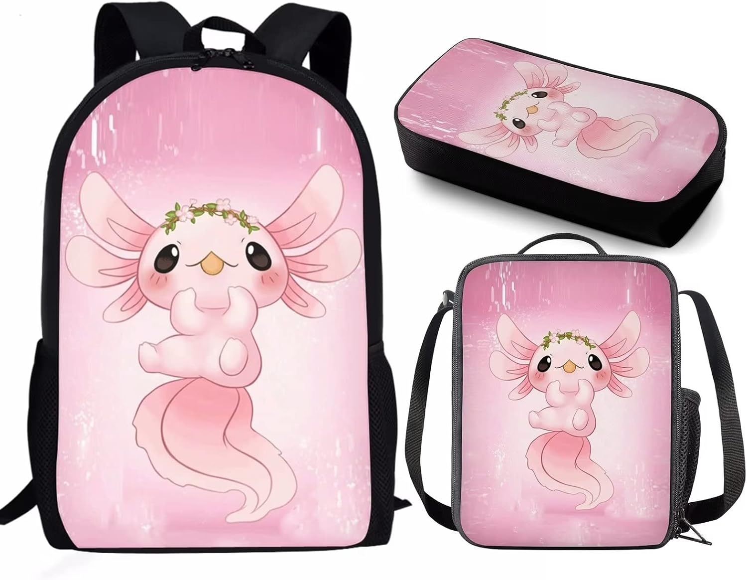 BYCHECAR Axolotl Pink Book Bags for Teenage Girls with Lunch Bag Pencil Case Cute