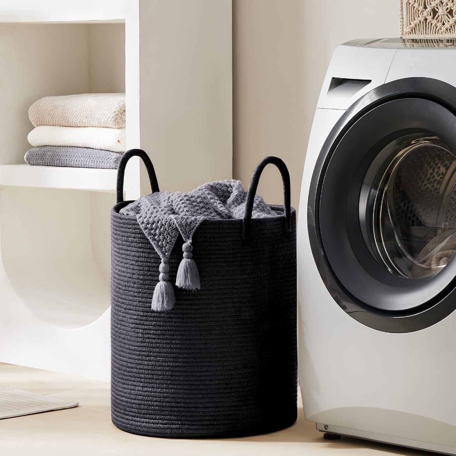YOUDENOVA Cesto portabiancheria in corda di cotone, grande, cesto portaoggetti in tessuto, per giocattoli, decorazione per la cameretta dei bambini, cesto portabiancheria con manico, 58 l (nero, 38 cm