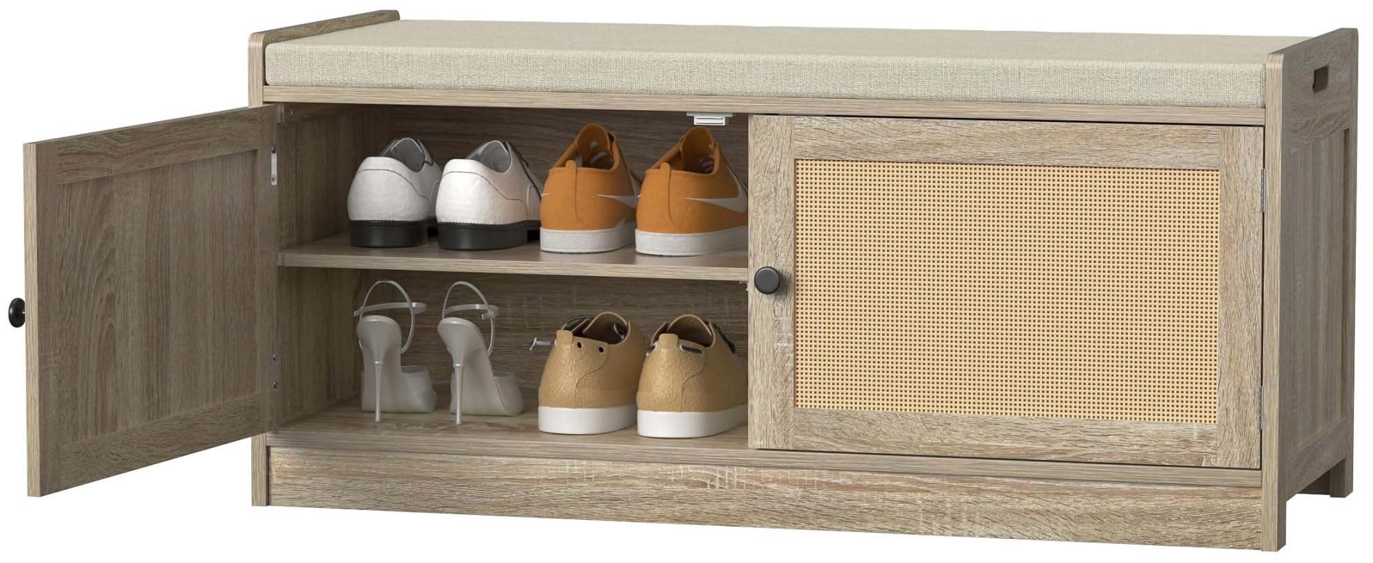 SDCFFC Rattan Shoe Bench Entryway Bench with Shoe Storage Wooden Shoe Rack Bench with Cushion Seat Adjustable Shelves Storage Bench for Entryway,Ideal for Home