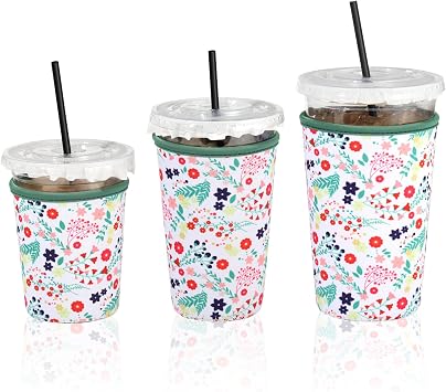 FOREGOER Reusable Neoprene Insulator Sleeve for Iced Coffee Cups, 3 Pack Coffee Koozie for Iced & Hot Drinks Compatible with Starbucks Dunkin Donuts White Flower Bush