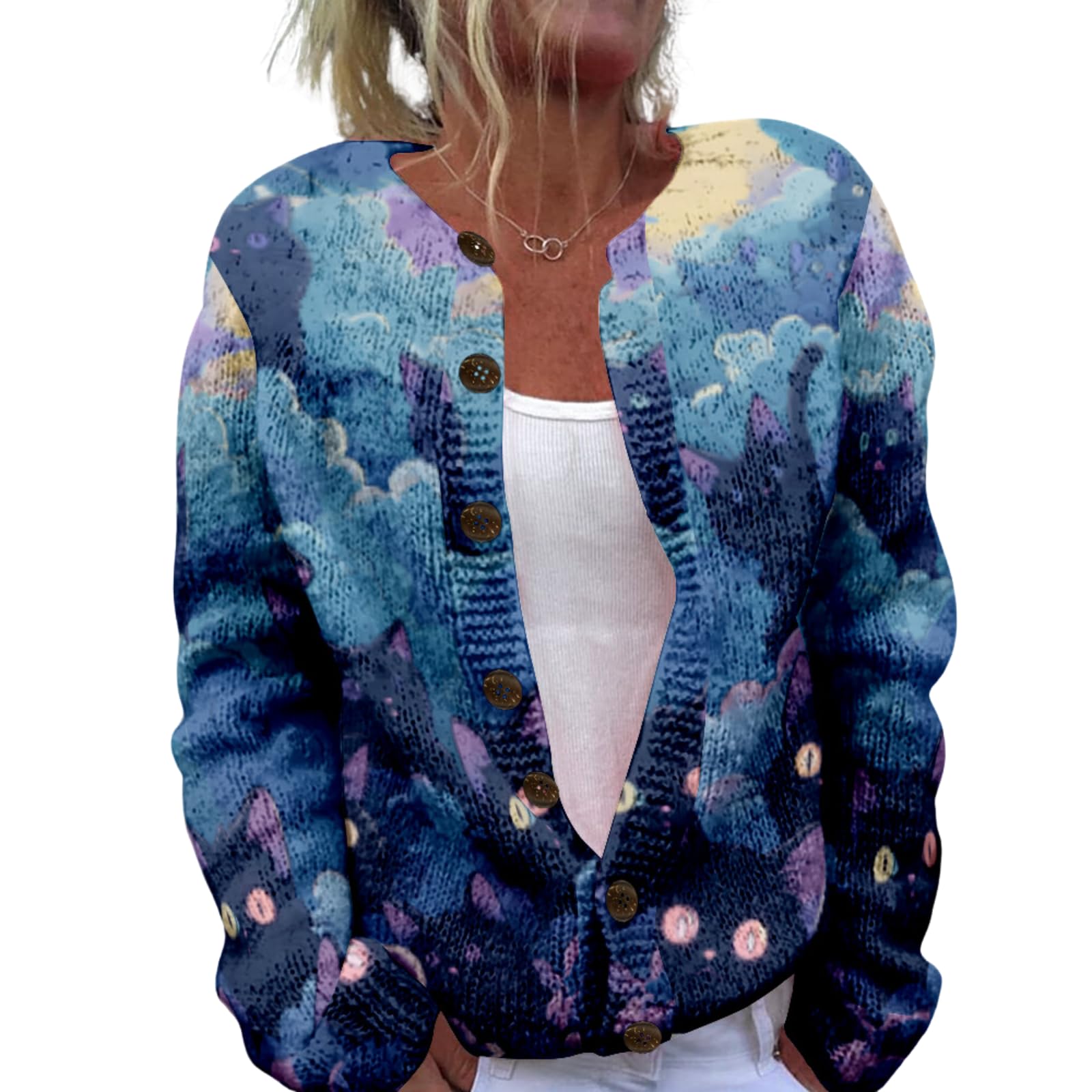 Cat Sweaters for Women Cute Button Up Cardigan Oversized 2024 Fall Fashion Crewneck Dressy Trendy Tunic Sweater