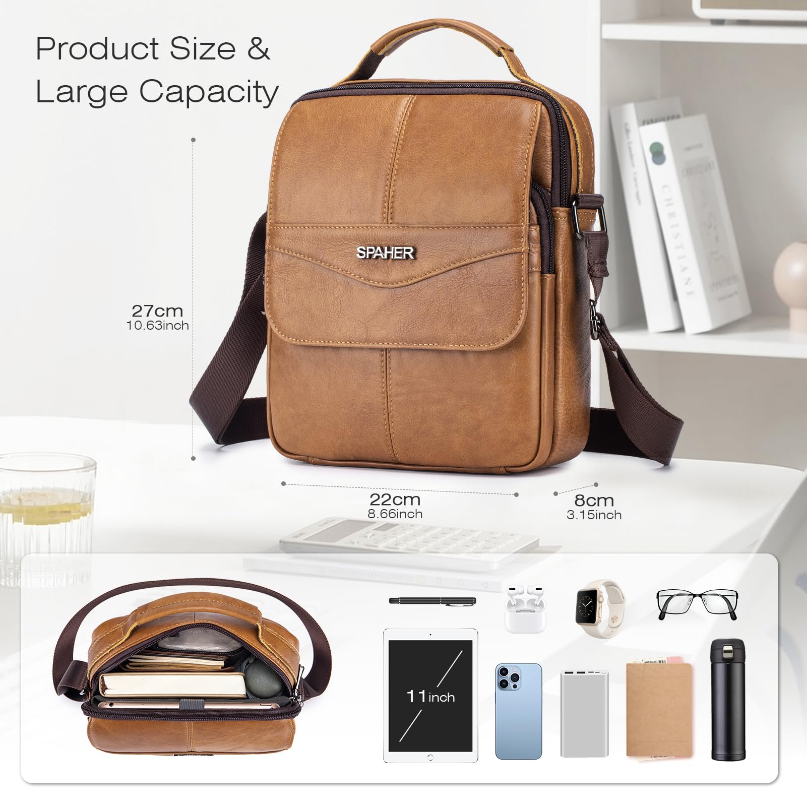 SPAHER Bandolera Hombre Piel Grande Bolso Caballero Bandolera Cuero para iPad 11 Pulgadas Bolsos Hombre Bandolera Piel Bolso de Cuero Mariconeras Hombres Man Bag