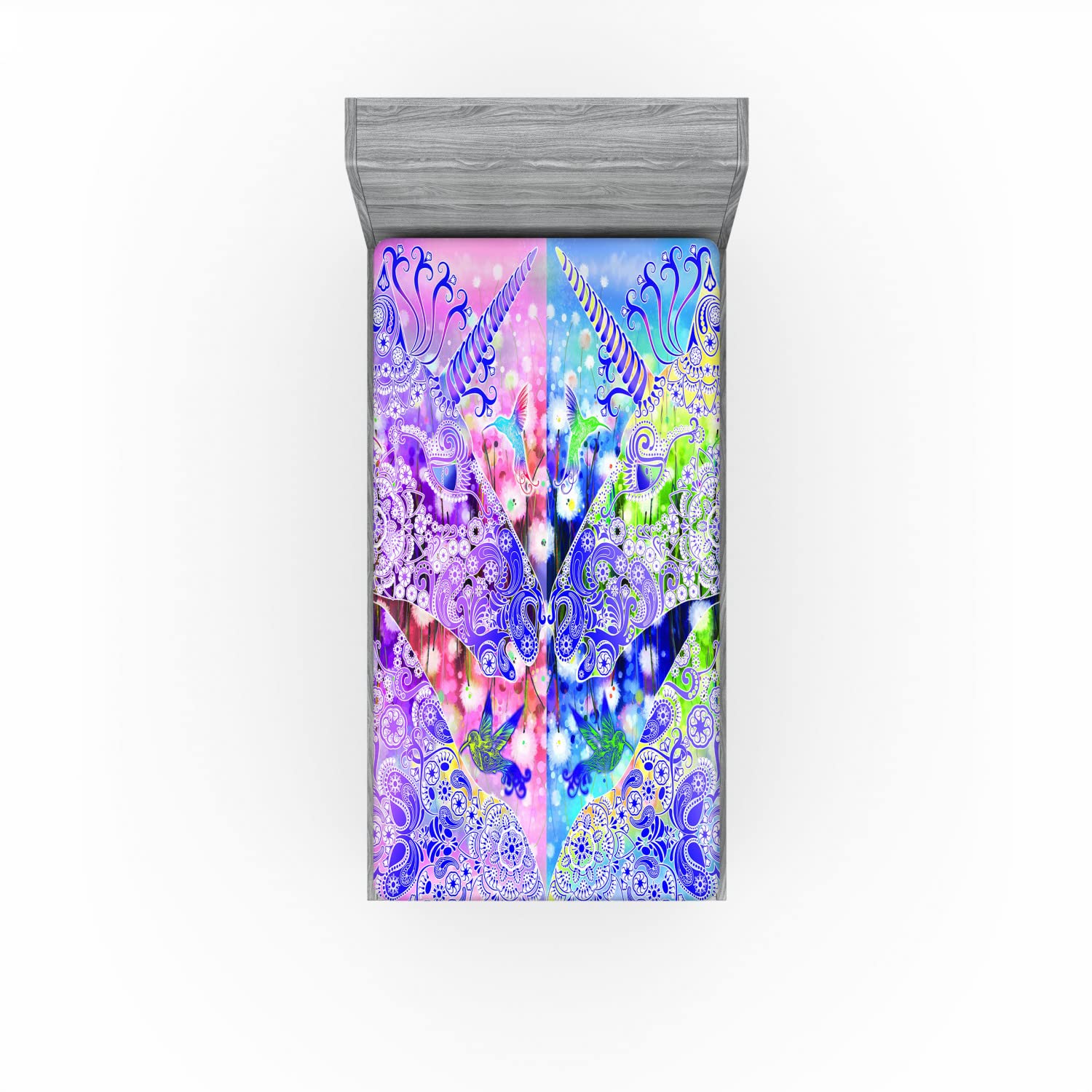 Ambesonne Unicorn 2 Pack Fitted Sheet, Myhtical Horses Floral, Bed Cover All-Round Elastic Deep Pockets 2 Pieces, Package Contains 2 Twin XL Size Fitted Sheets, Dark Lavender