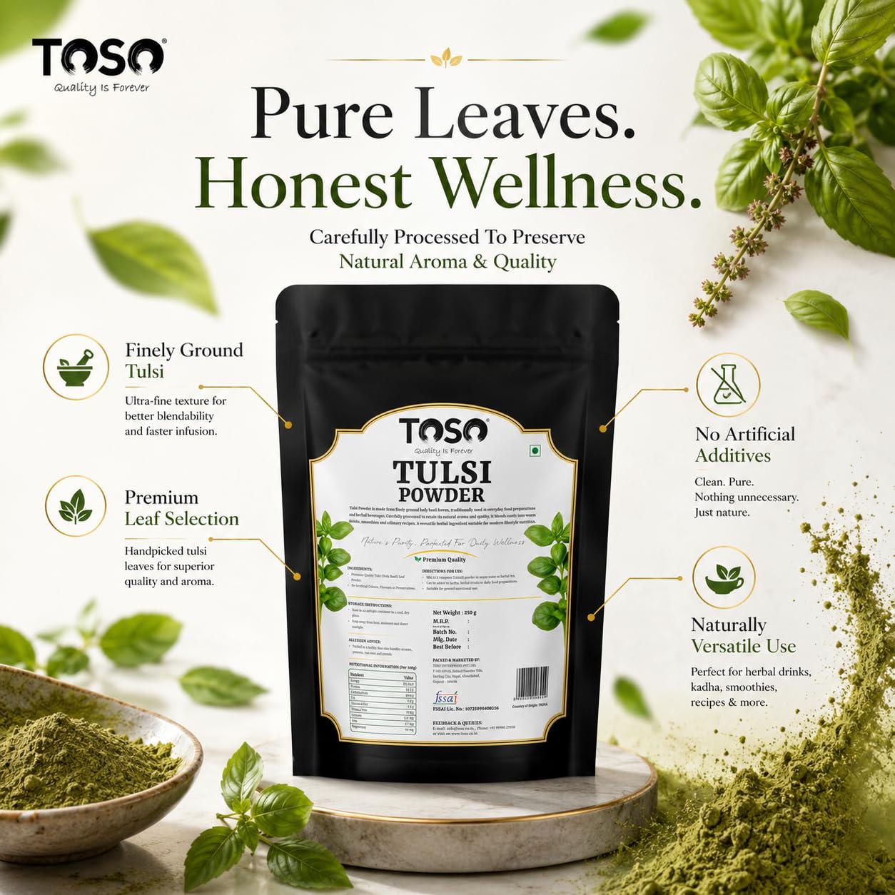 TOSO 100% Pure Tulsi Powder 250g | Fine Ground Holy Basil Leaf Herbal Tea & Kadha Supplement | High Immunity & Cold Care | Pure Organic Ocimum Sanctum Leaves Powder | Pack of 1 — Amazon image 4