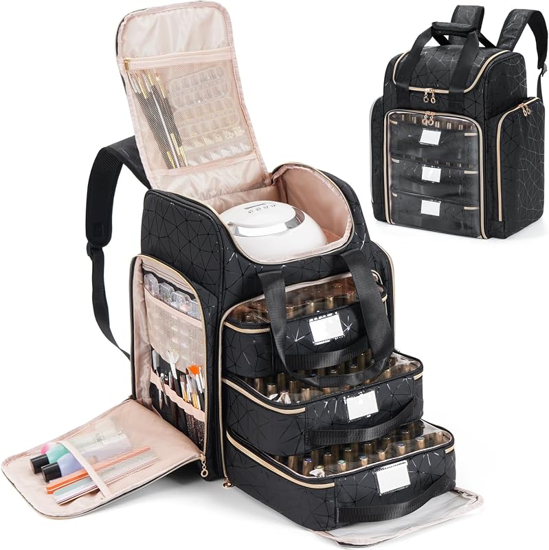 Uross Maleta preta para esmaltes e acessórios de manicure, organização em três camadas, 33,02 cm x 24,13 cm x 33,02 cm