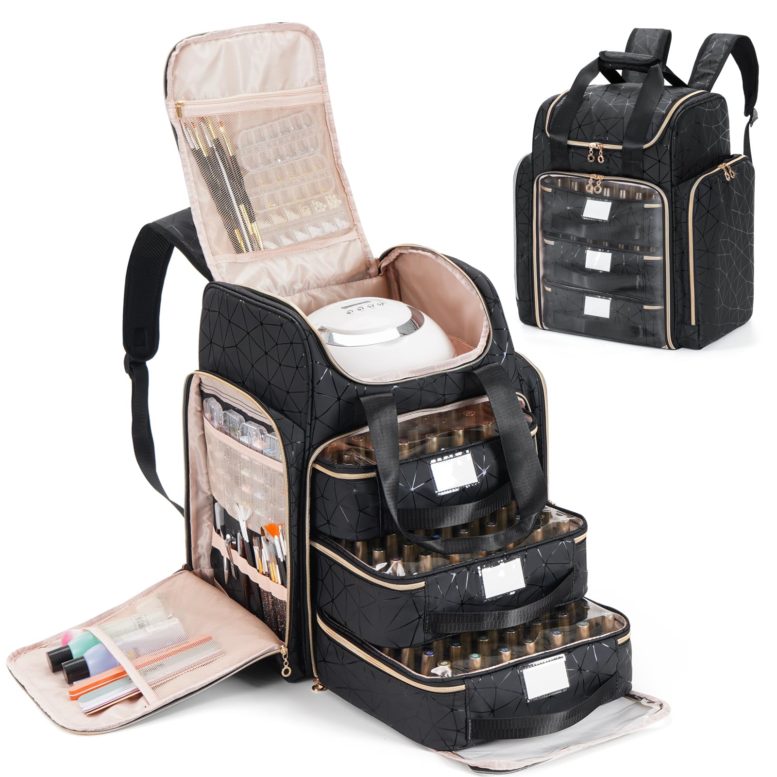 Uross Organizer per unghie per 126 flaconi di smalto e 1 lampada LED per unghie, borsa per la decorazione delle unghie, accessori (nero)