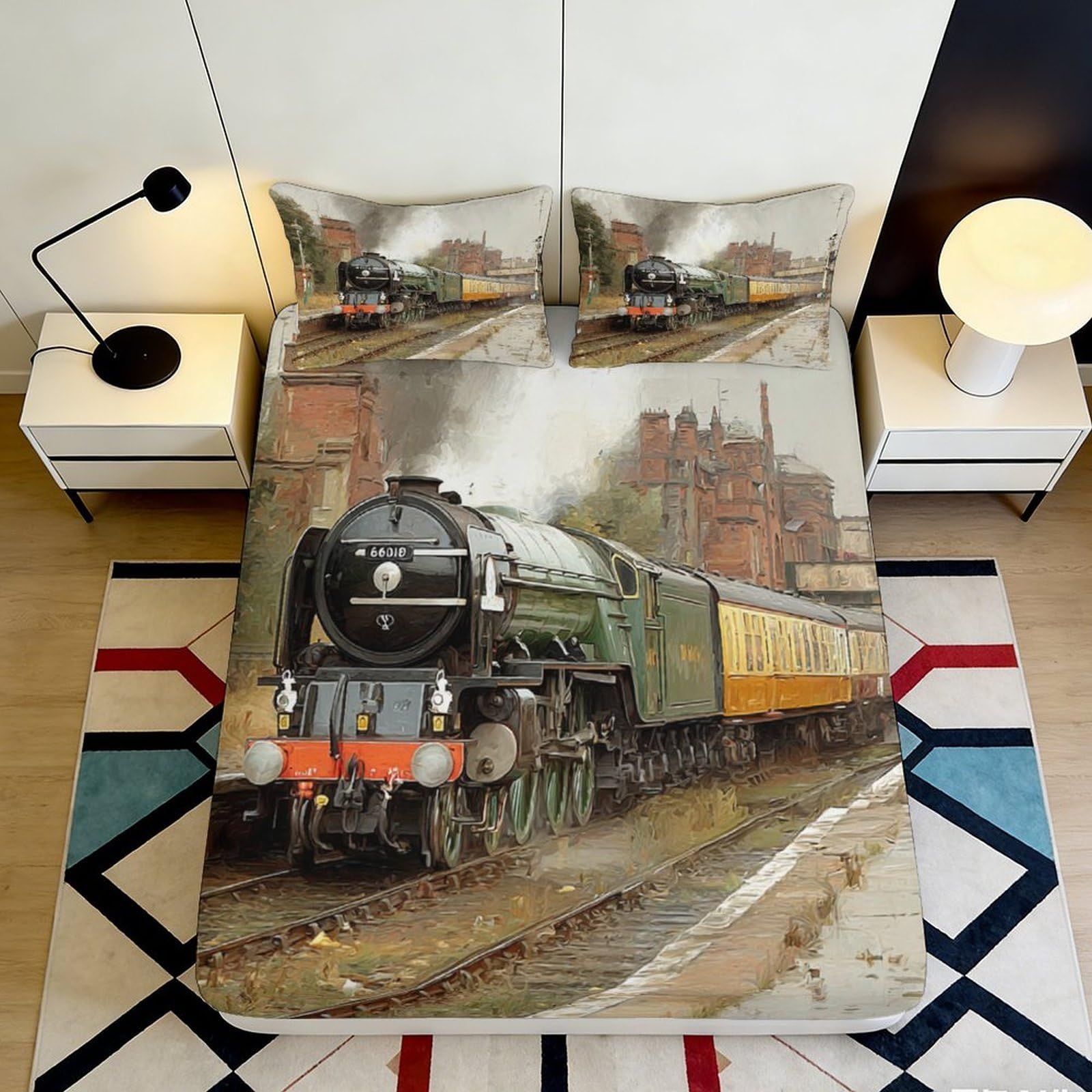 3D Printed Vintage Train Fitted Sheet Microfiber Soft Durable Steam Locomotive Bed Cover for Bedroom Dormitory Guest Room Mattress Protection 90x200x25cm