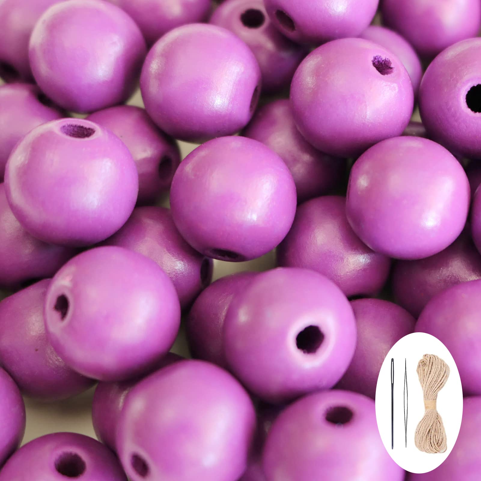 100 Pieces Purple Wood Beads with 5mm Hole, Round Loose Beads Polish Spacer Beads Bulk with 10m Jute Twine for Farmhouse Beaded Necklace Bracelet
