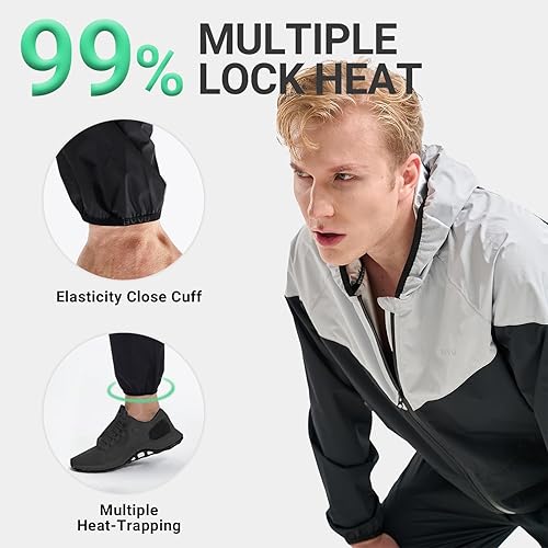 Miniatura 3 de BVVU Traje de sauna para hombre con cremallera con capucha chaqueta de sauna pantalones gimnasio entrenamiento cuerpo completo