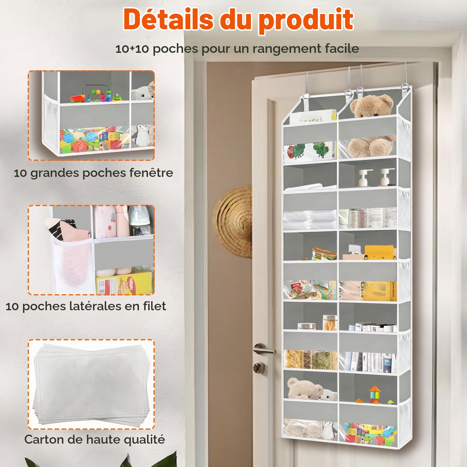 Rangement Suspendu de Porte 1 Pièce, Rangement Porte à Suspendre avec 10 Compartiments 10 Poches en Filet, Etagere Suspendue pour Chambre, Salle de Bain, Cuisine, Van, Camping, Gris