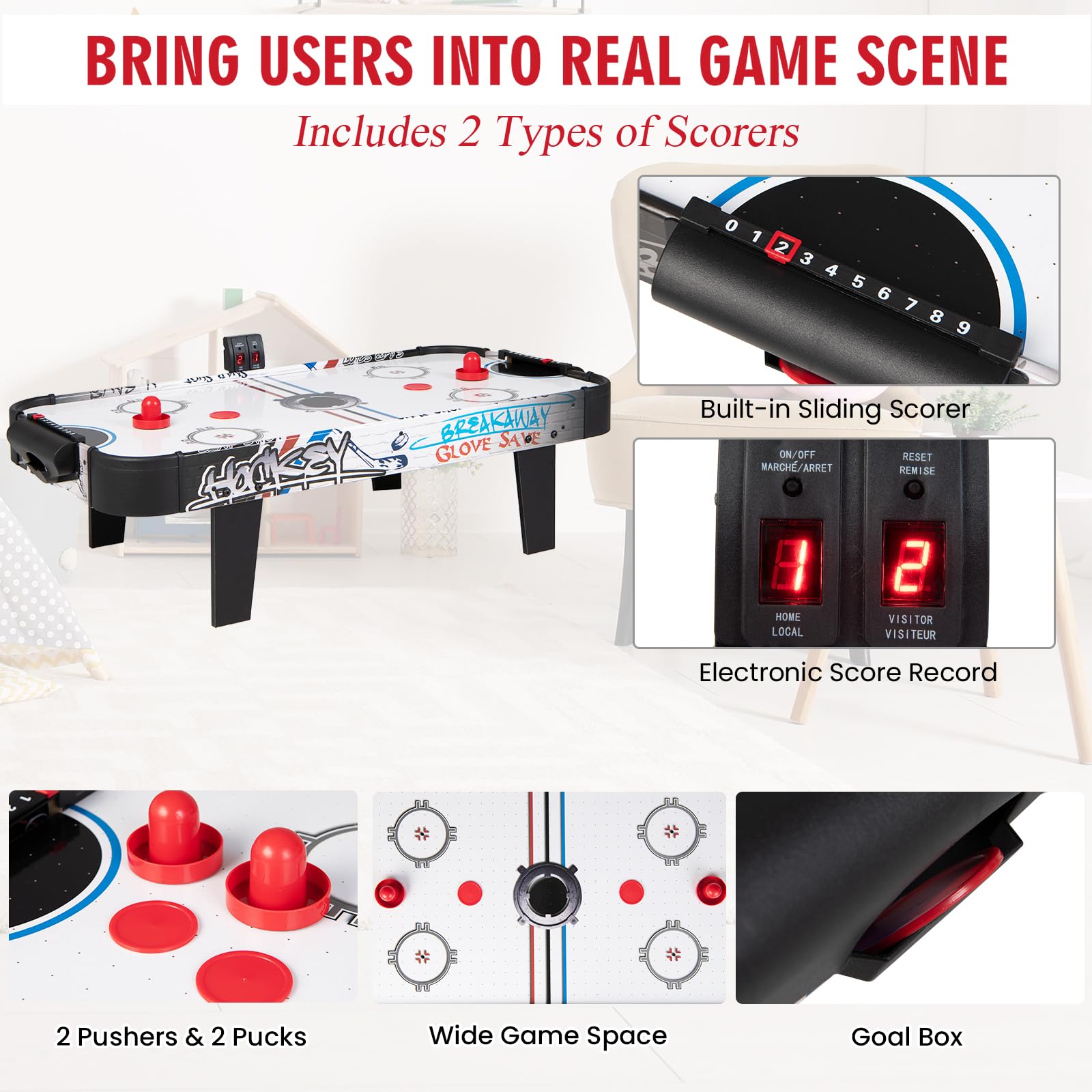 HOMASIS Mini Mesa de de Juego para Airhockey, Mesa de Hockey de Aire con Marcador LED electrónico, Juguete Juego con 2 Discos, 2 Asas y 2 dianas para niños y Adultos, 107x56x30cm, Negro