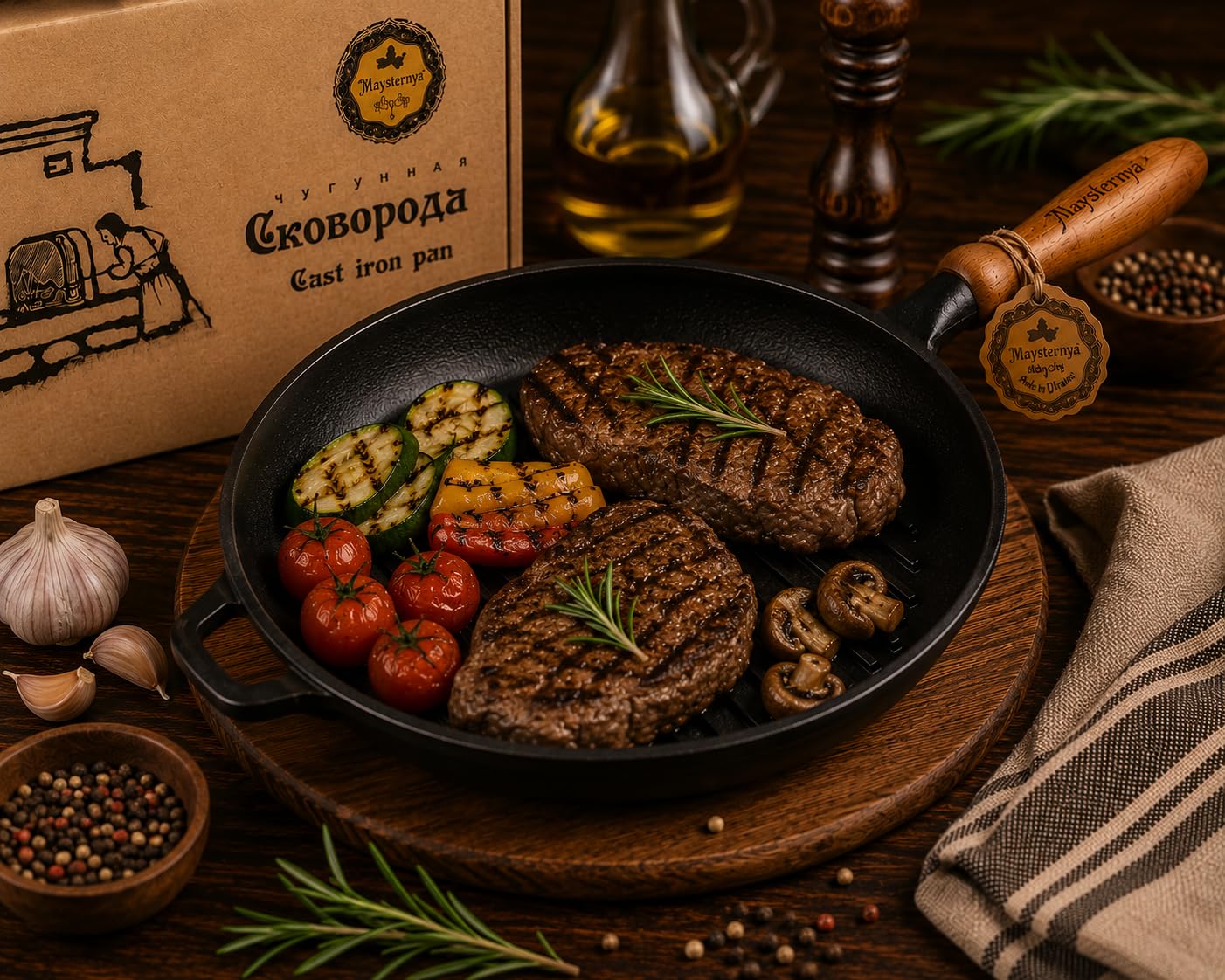 Sartén Grill de Hierro Fundido con Mango de Madera – Ø 24 x 4 cm – Compatible con Inducción – Sartén Universal para Parrilla y Fuego Abierto – Hierro Fundido Robusto – Sin PFAS – Negro