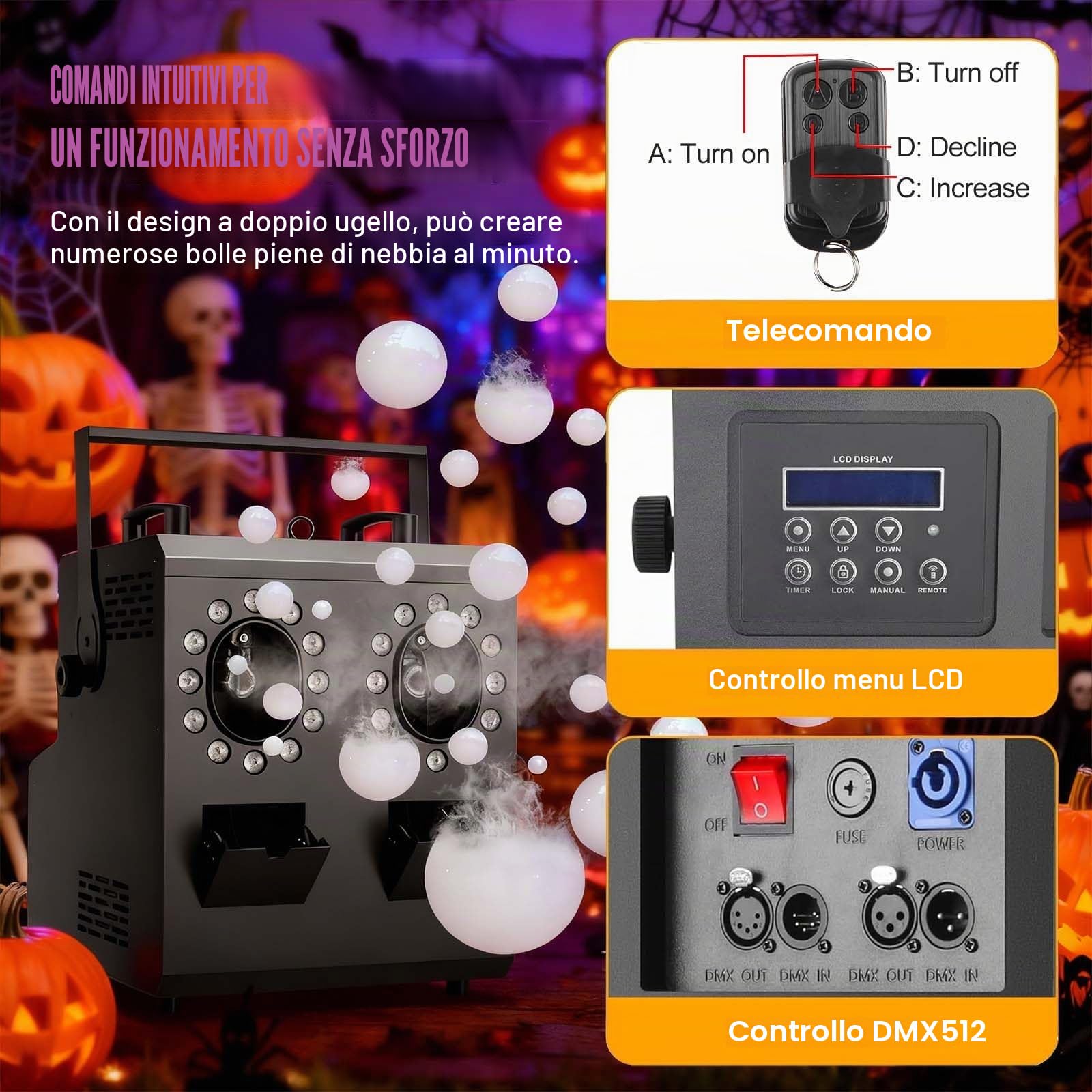 Macchina Spara Bolle di Sapone Professionale con Effetto Fumo E 24 Luci LED Rgbw, Telecomando, Timer, Controllo DM×, Pannello di Controllo LCD - Oltre 10.000 Bolle Galleggianti DualNozzle
