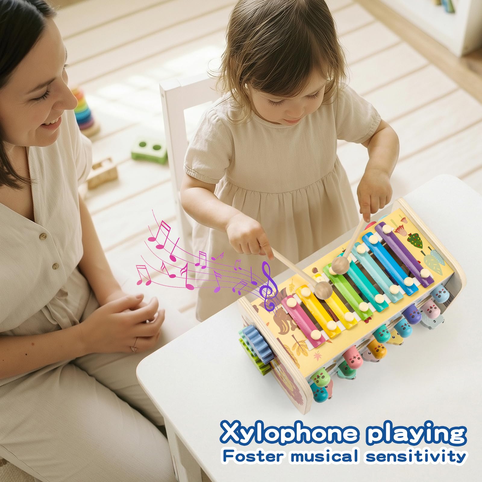 Giochi Montessori Bambini 1 Anno, 9 in 1 Cubo Multiattivita Legno Bambi Giocattoli Educativi Interattivi con Strumenti Xilofono, Acchiappa La Talpa, Gioco Pesca & Frutta, Regalo Compleanno Pasqua