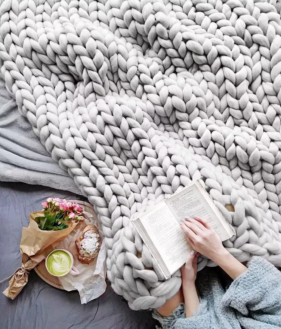 Chunky Knit Blanket Merino Wool Hand Made Throw Boho Bedroom Home Decor Giant Yarn King Size,Grey,80"x80"
