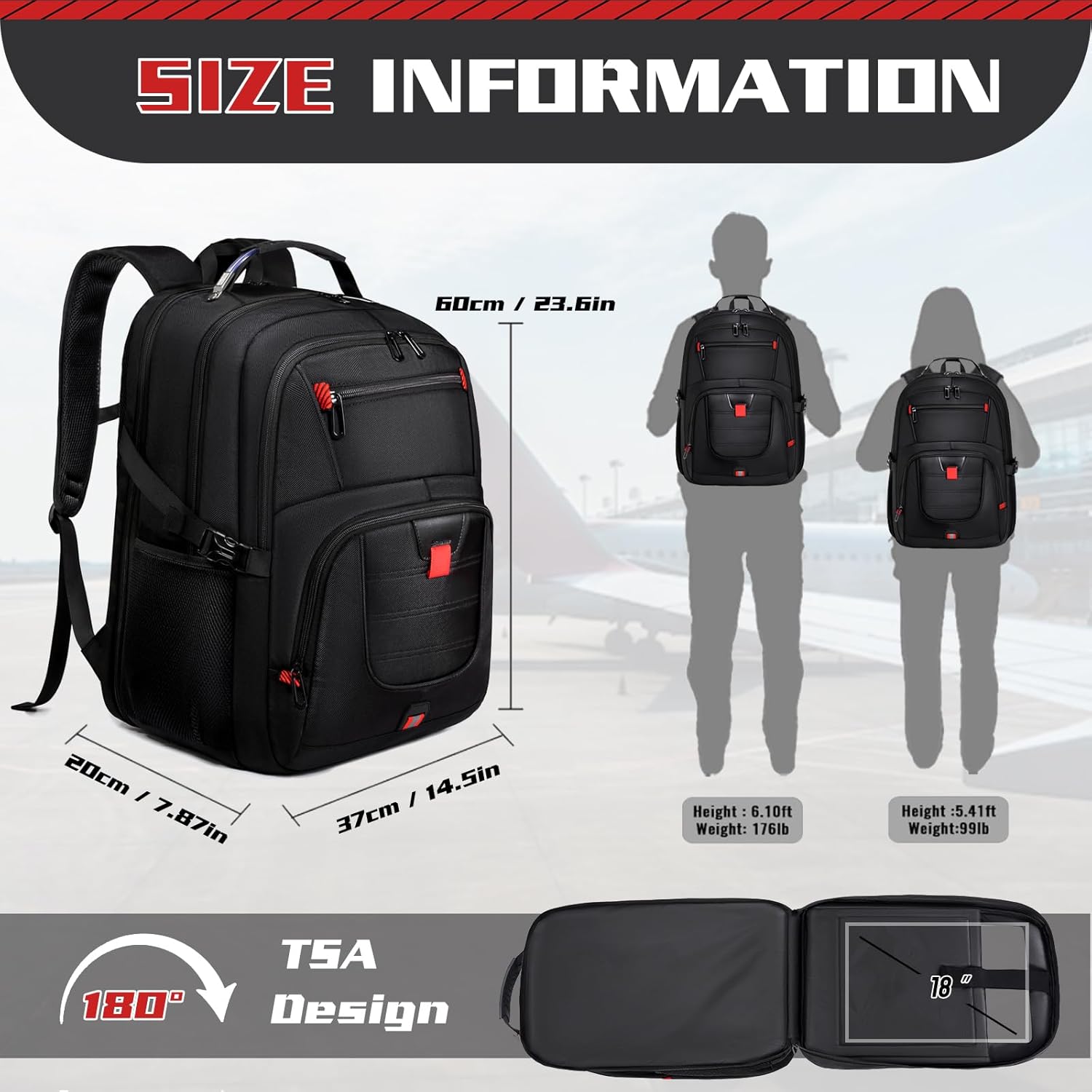 Extra Large 55L Travel Backpack, 18 inch Laptop Bag for Men, TSA Approved Heavy Duty with Charging Port, Anti Theft Rucksack for Business Work College, Black