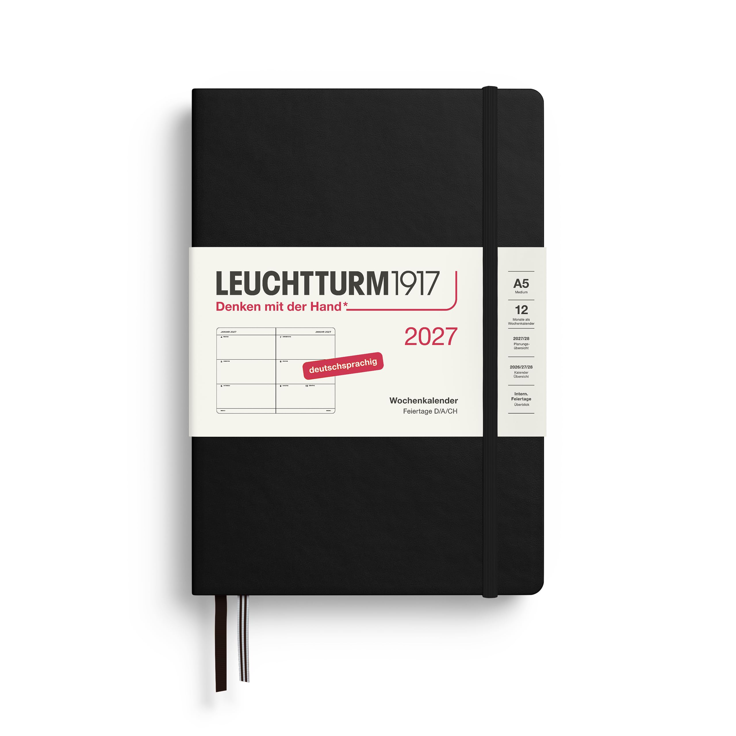 LEUCHTTURM1917 Weekly Planner 2027 Medium (A5) - German, Black, Hard Cover, 145 x 210 mm, 12 Months - January-December 2027, 1 Week per Double Page, 80 g/m² Paper with High Ink Compatibility — image 1
