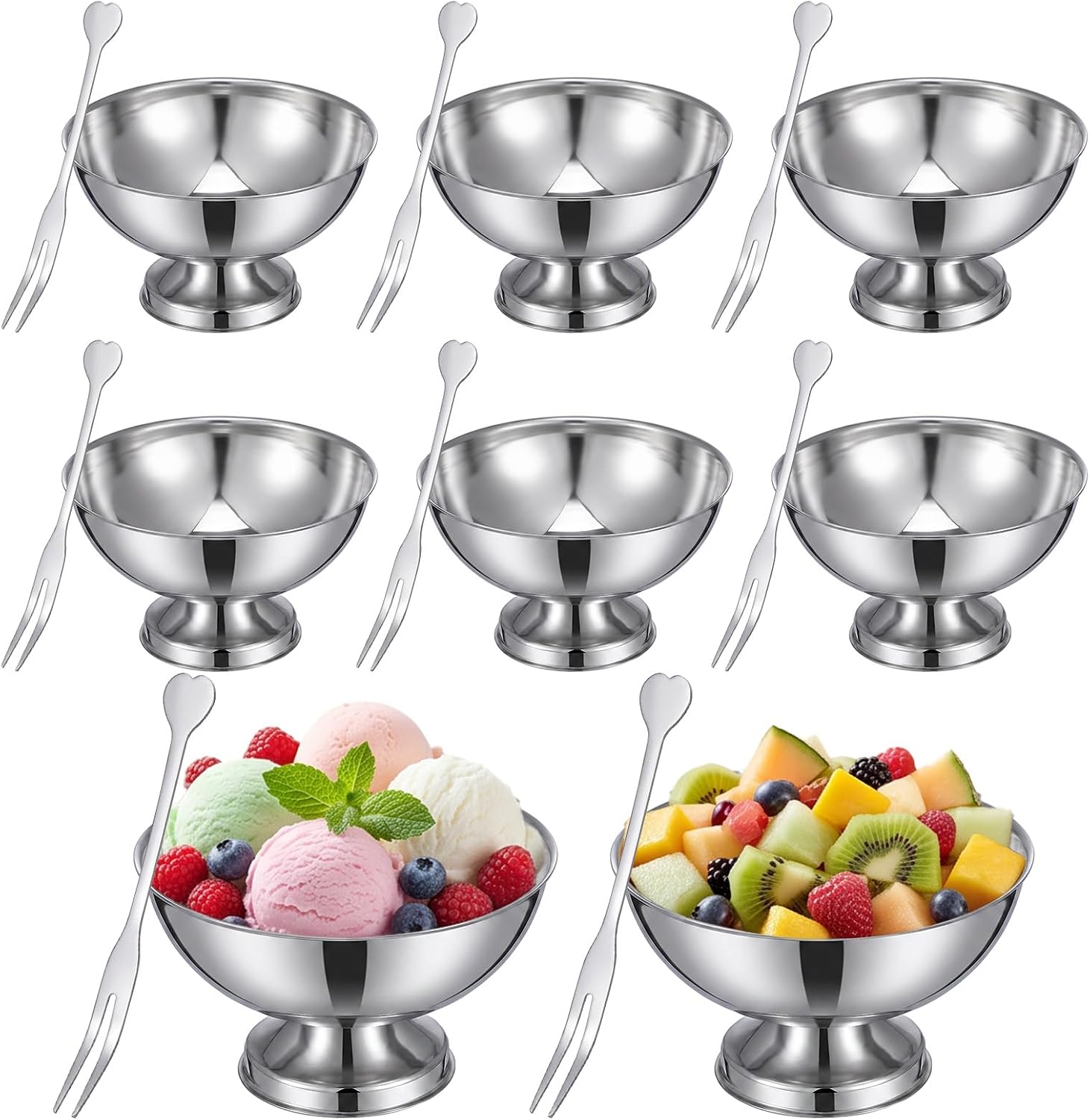 Ice Cream Bowls 8Pcs Silver Dessert Cups with Forks 250ml