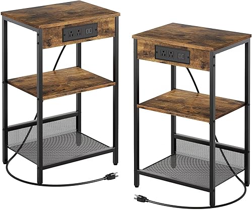 YSVCO Juego de 2 mesita de noche, mesa auxiliar con estación de carga, mesa auxiliar estrecha con almacenamiento y patas ajustables para espacios