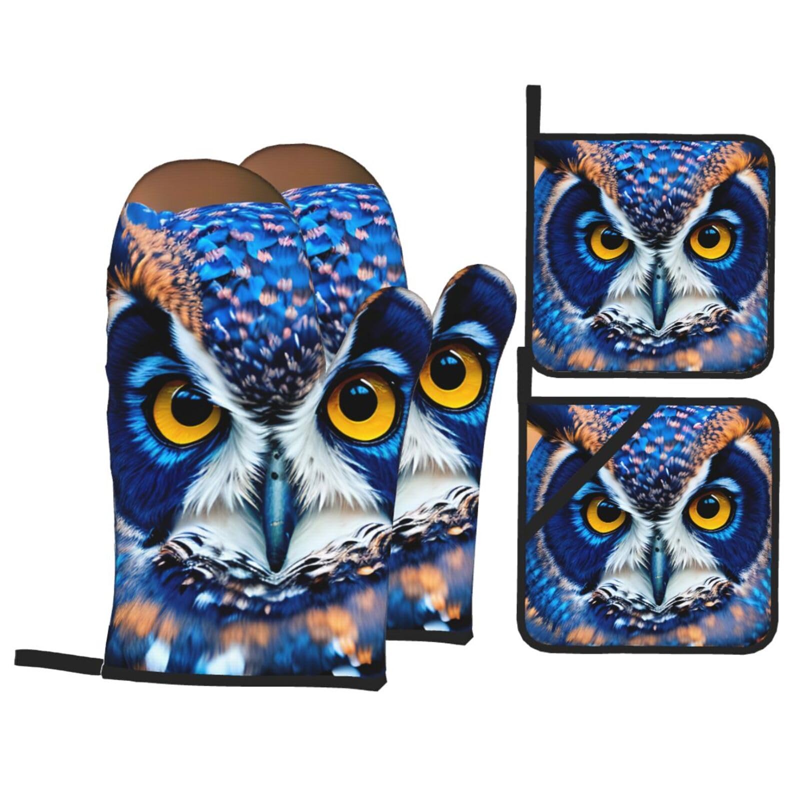 Nimongt Black Blue Owl 1 Print Heat-Resistant 4-Piece Oven Kitchen Gloves For Baking Cooking Microwaving Essentials