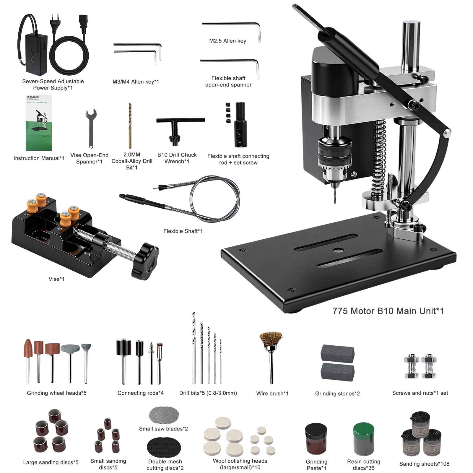 Mini Taladro de Banco, Taladro de Columna 200 W, 7 Velocidades Ajustables, Ajuste de Altura 50 mm, Portabrocas 0,6-6 mm, Carrera de Perforación 50 mm, Motor 775 para Metal, Madera, Acrílico y Aluminio