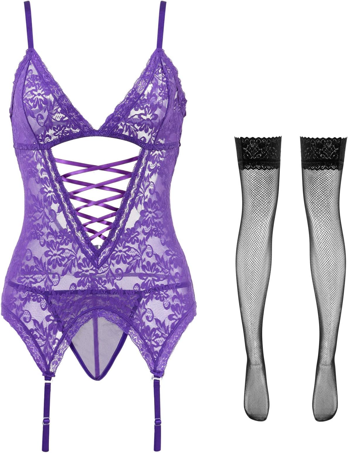 Anyou Lingerie for women, Womens Lingerie Stretchy Lace Teddy Plus Size lingerie with Stockings Size S-XXXXL