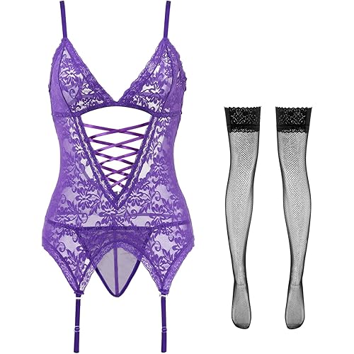 Anyou Lingerie for women, Womens Lingerie Stretchy Lace Teddy Plus Size lingerie with Stockings Size S-XXXXL