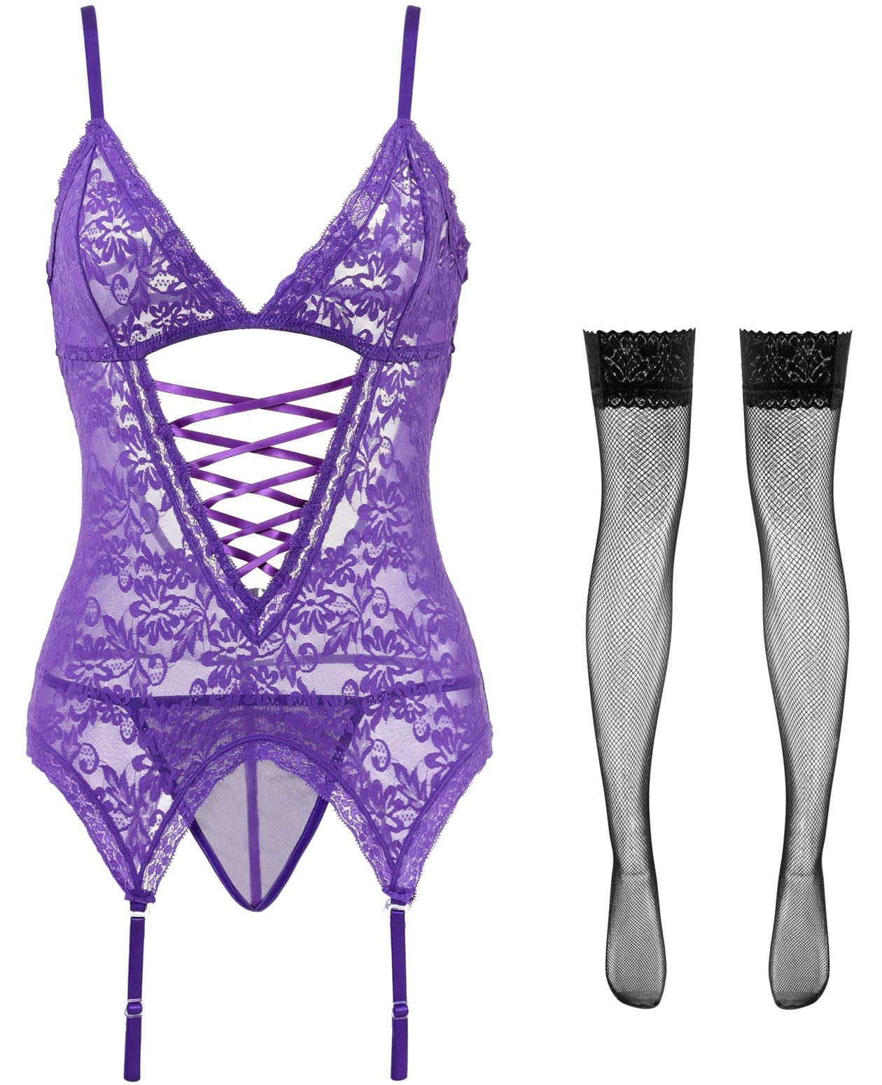 Anyou Lingerie for women, Womens Lingerie Stretchy Lace Teddy Plus Size lingerie with Stockings Size S-XXXXL