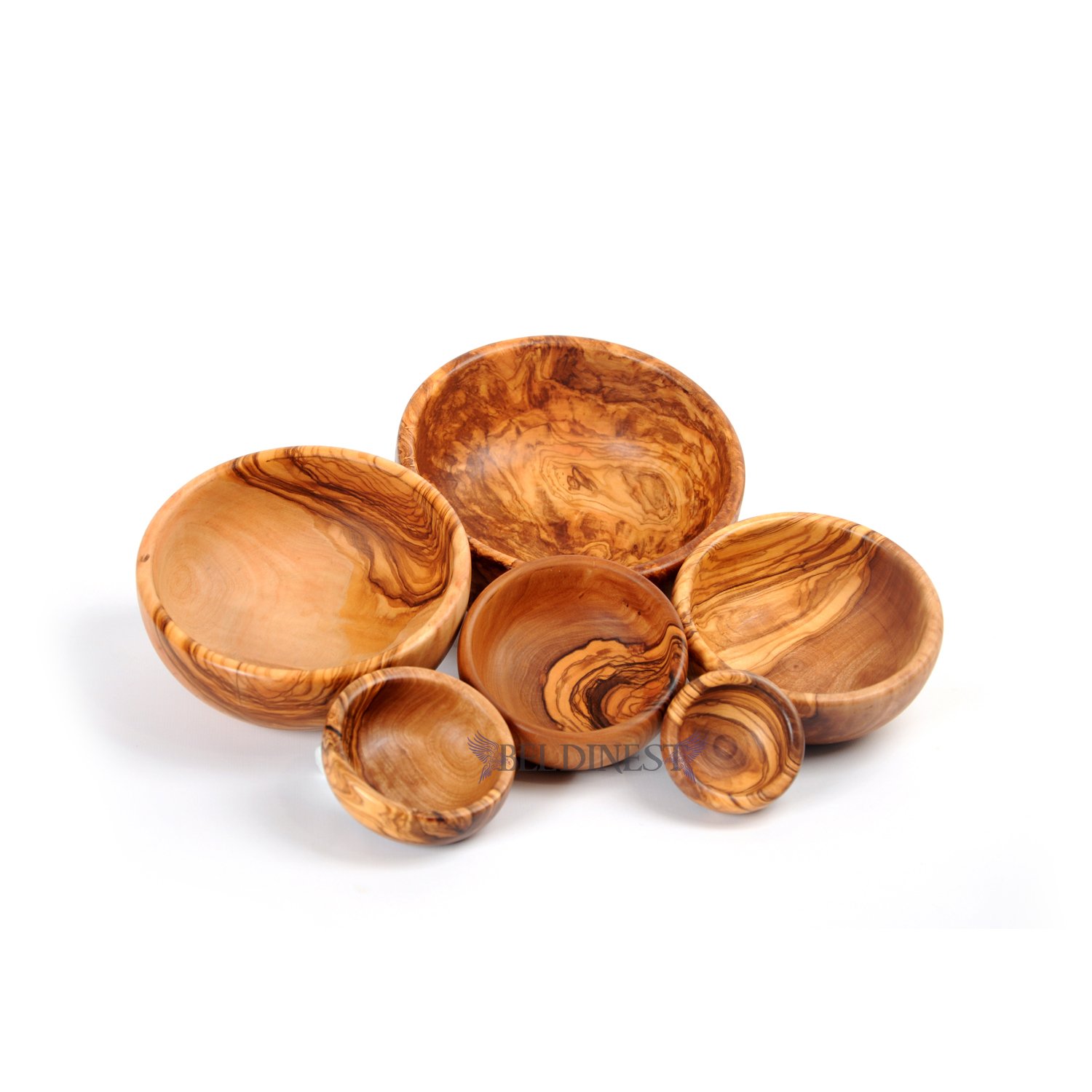 BeldiNest Stackable Handcrafted olive wood Bowls for Salad, Pasta, Fruit -Acai Smoothie, Snak, Nuts, Wooden Kitchen Nesting Bowl Set - Diameters: 6.25