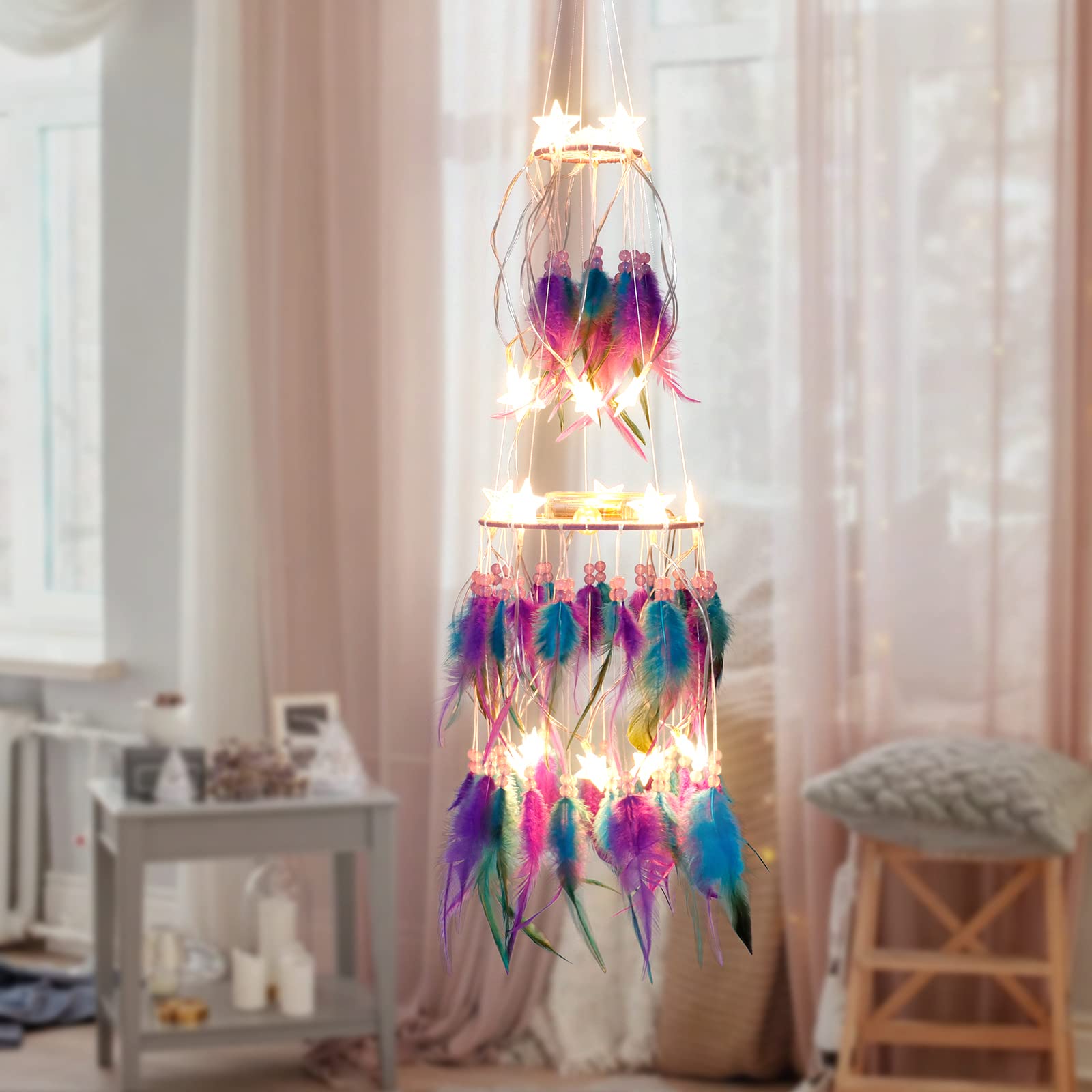 Dremisland Attrape-ru00eaves En Forme De Lune Avec Guirlande Lumineuse - Fait U00e0 La Main - Avec Plumes Coloru00e9es - Turquoise - Du00e9coration Murale Pour