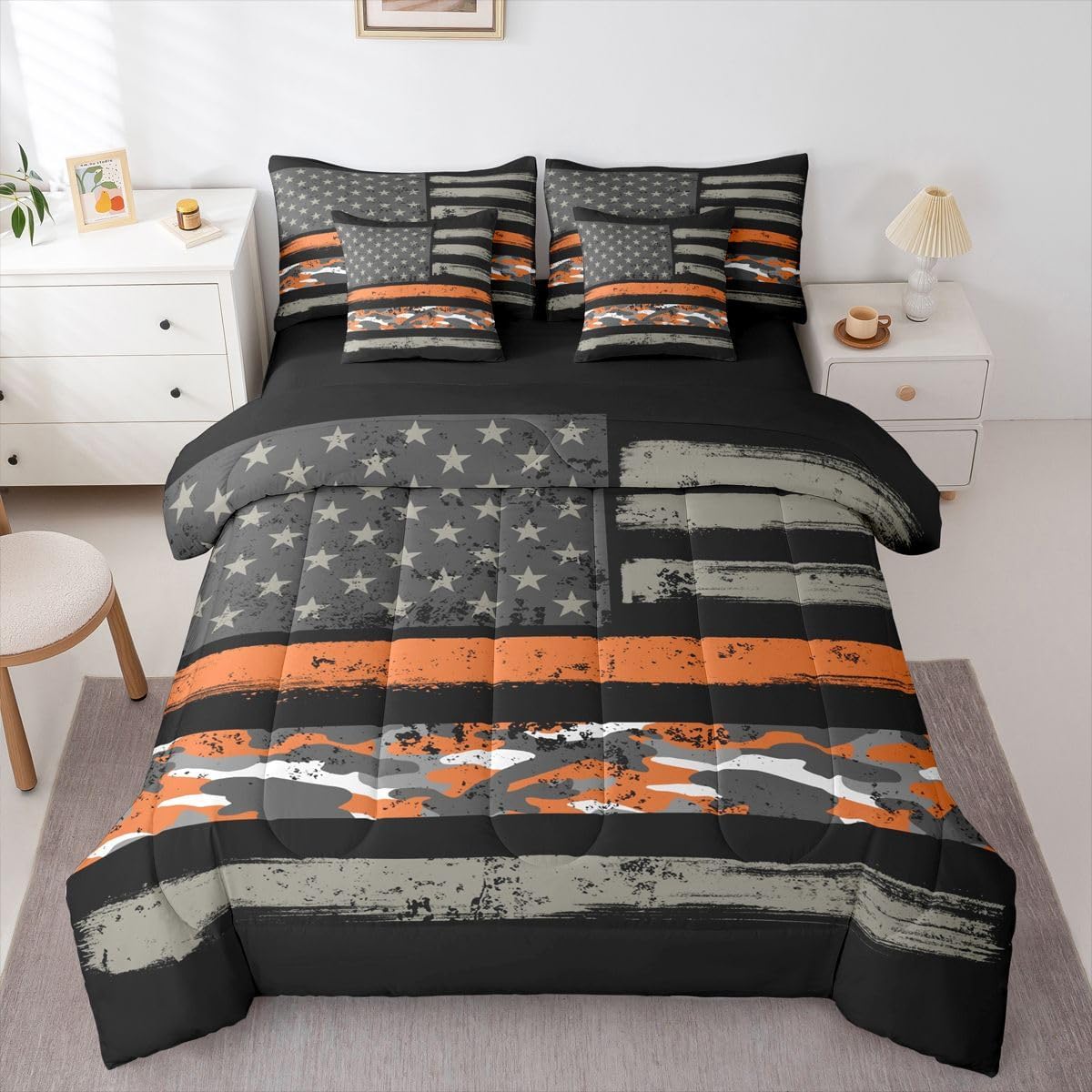 Feelyou American Flag Queen Comforter Set with Sheets for Kids Boys Girls Independence Day 7 Pieces Bedding Set Orange Camouflage Bed in a Bag Independence Day Room Decor Soft Lightweight Mi