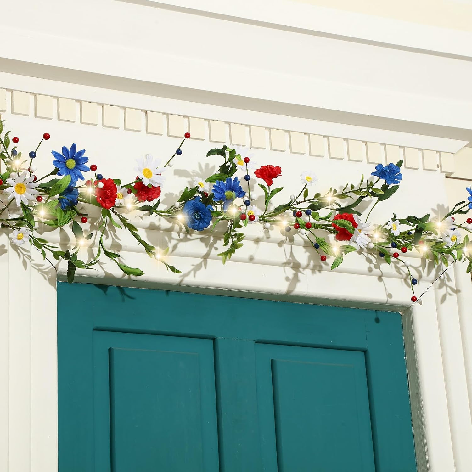 4th of July Garland Flower with 30 Lights Patriotic Red White and Blue Floral Berry Branches Patriotic Ornament for Independence Day 250th Anniversary Door