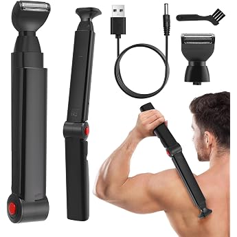 Back Razor for Men Body Trimmer Electric with 2 Removable Shaving Heads & Ergonomic Arm Extension Foldable Mens Body Razor for Back Face Chest & Shoulder Care