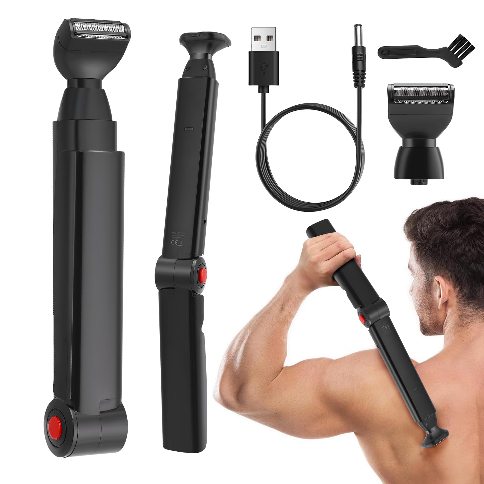 Rückenrasierer für Männer, Körpertrimmer Elektrischer mit 2 abnehmbare Scherköpfe & Ergonomischer Armverlängerung, Faltbare Herren Körperrasierer für Rücken-, Gesichts-, Brust- & Schulternpflege