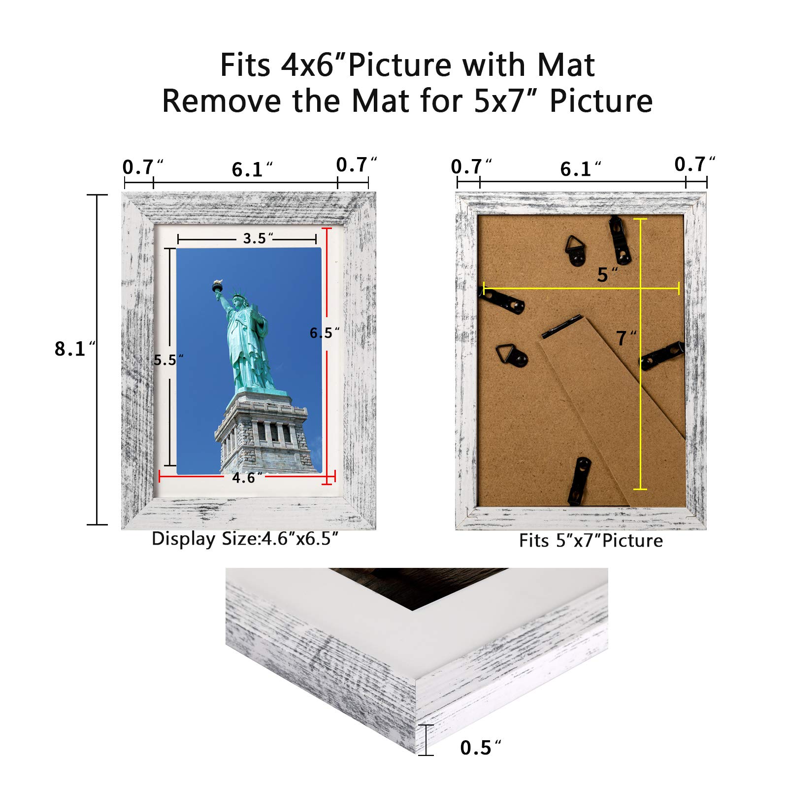 BAIJIALI Juego de 4 marcos de fotos de 12,7 x 17,7 cm, madera envejecida, con vidrio templado, 4 x 6 con alfombrilla o 5 x 7 sin estera, formatos horizontales y verticales para montaje en pared y mesa
