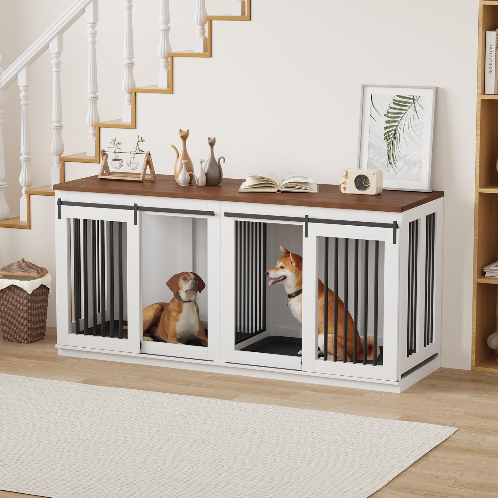 Garveehome Large Dog Crate Furniture, Heavy Duty Steel Dog Kennel with Divider, Tv Stand & End Table