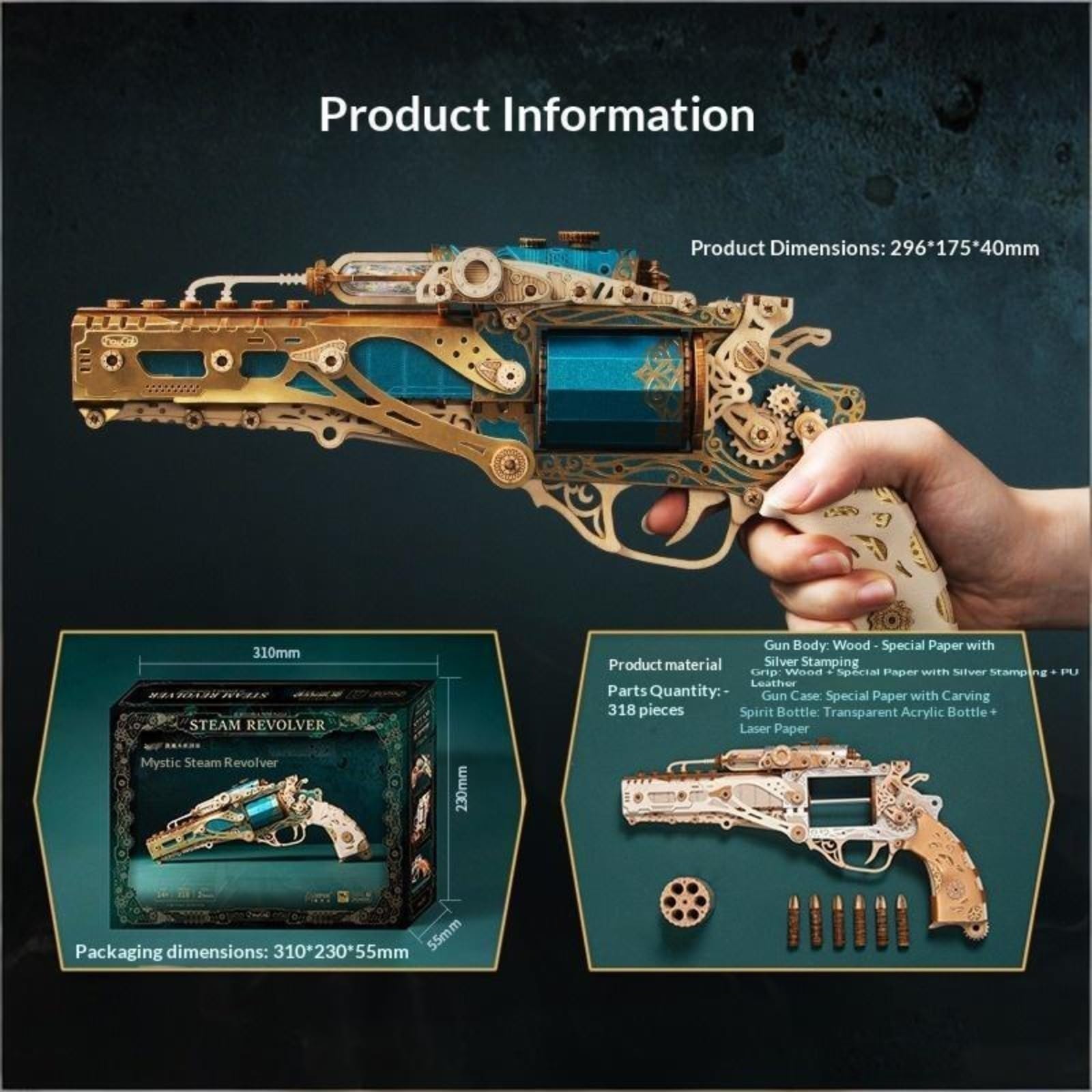 Kit di modellismo meccanico di revolver steampunk, corpo blu giada + accessori tattici + scatola da collezione, set deluxe, giocattolo antistress in legno fai-da-te.