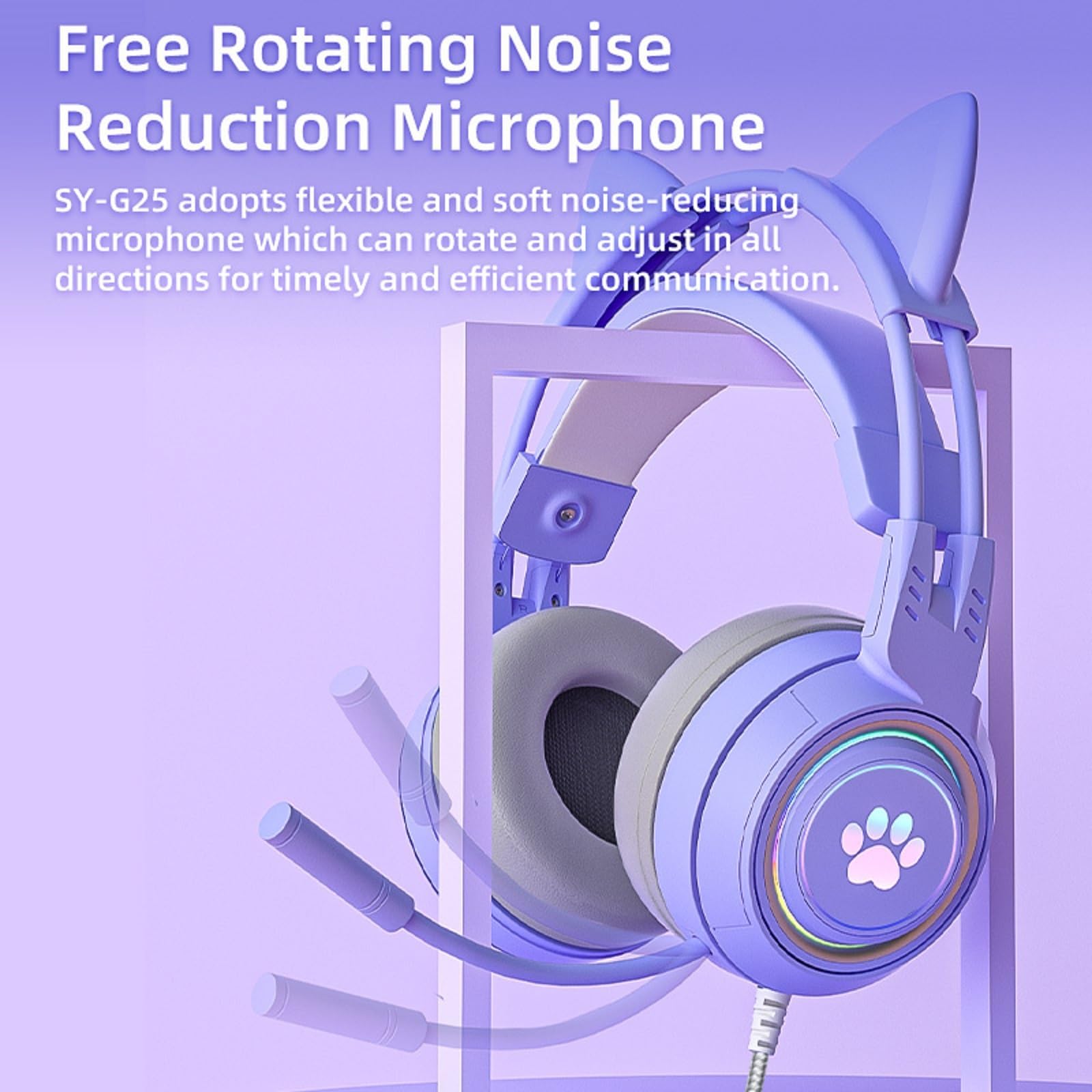 Xmenha Casque de jeu avec oreilles de chat violet avec micro pour Switch Xbox One, PS4, PS5, casque filaire, pour enfants, avec suppression du bruit, pour gamer, PC, ordinateur portable