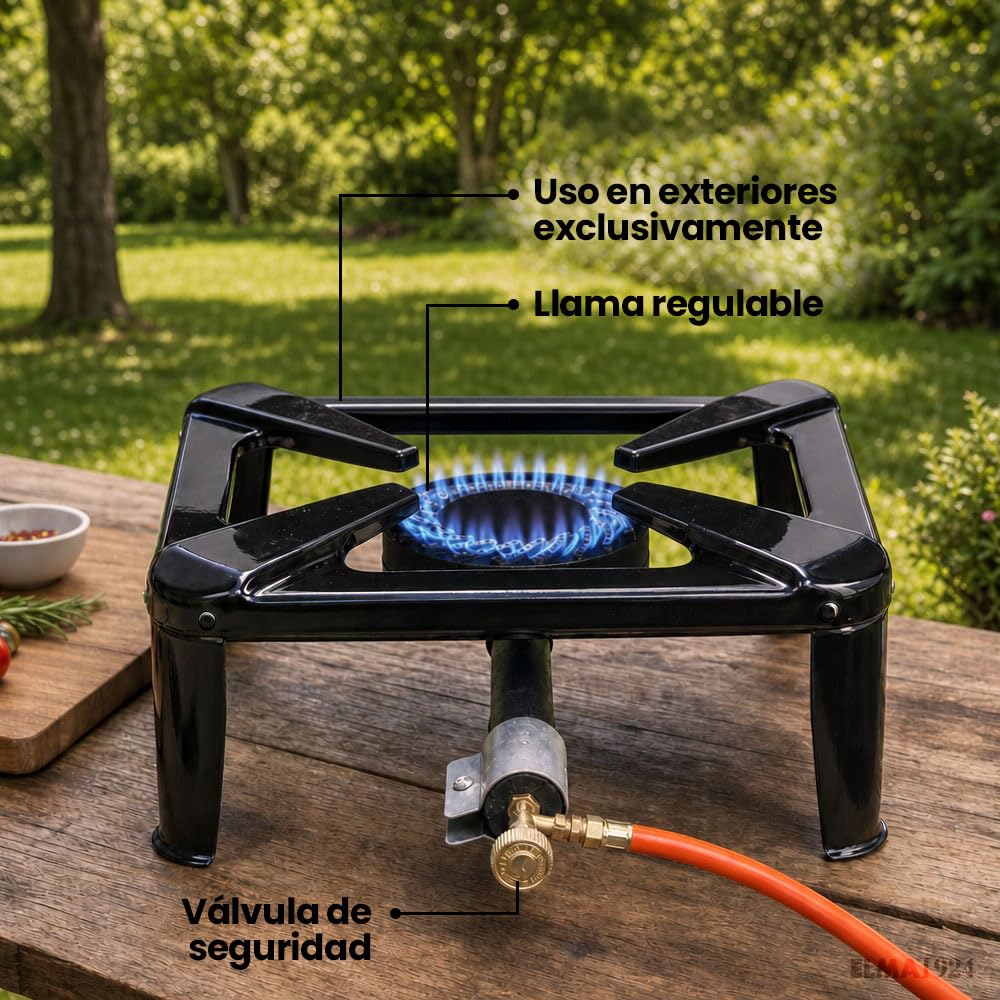 ELMA Hornillo de Gas para Exterior 6,5 kW | Compatible con Butano y Propano | Quemador de Hierro Fundido | Llama Regulable, Válvula de Seguridad