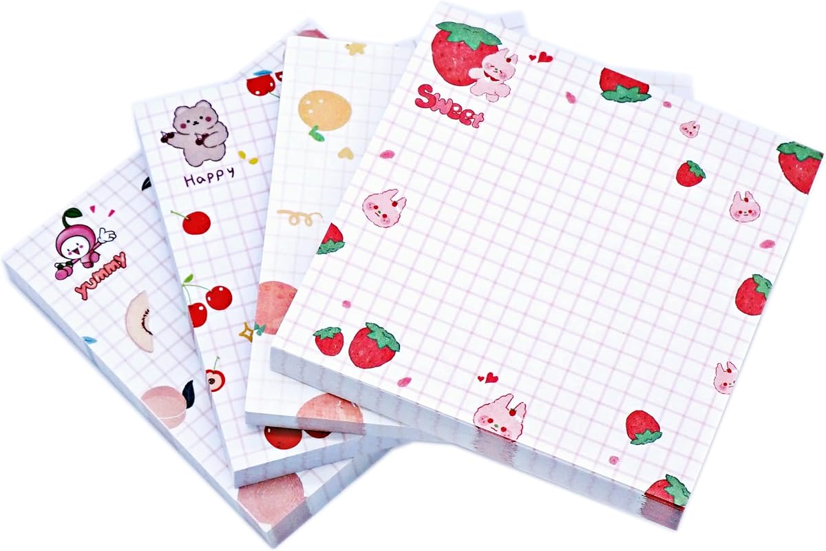 Cute Kawaii Sticky Notes 3.1x3.1in 4Pads 80Sheets/Pad | Self-Stick Note Pads Cute Colorful Super Sticky Note Pads 4 Unique Cute Patterns,Fruits Sticky Notes