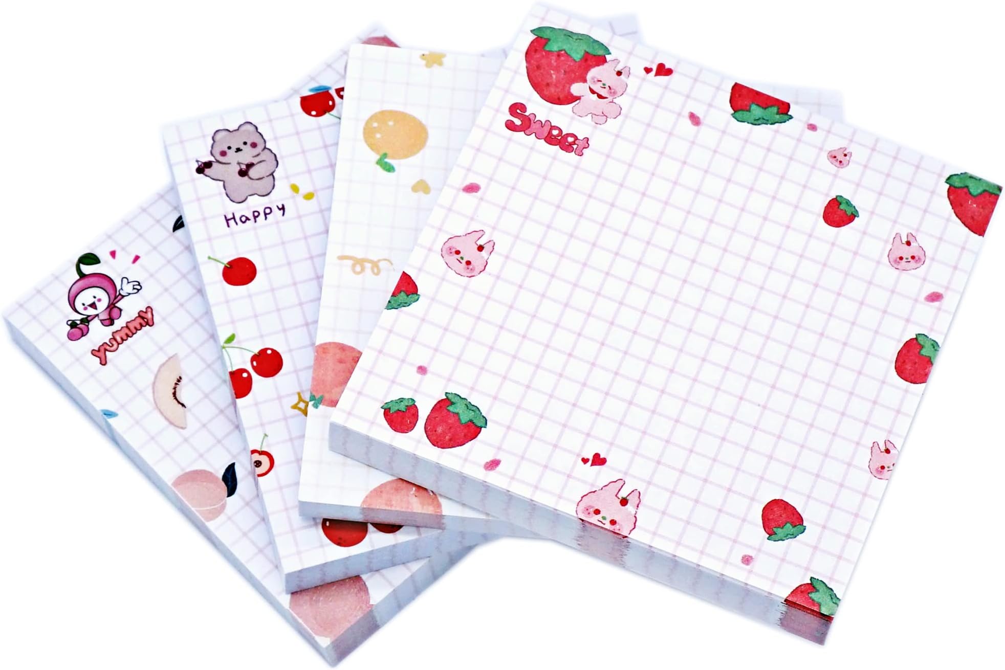 Kawaii Sticky Notes - 4 Pads, 80 Sheets/Pad, 3.1x3.1in, Self-Stick Note Pads With 4 Unique Cute Patterns, Colorful Super Sticky Fruit Designs