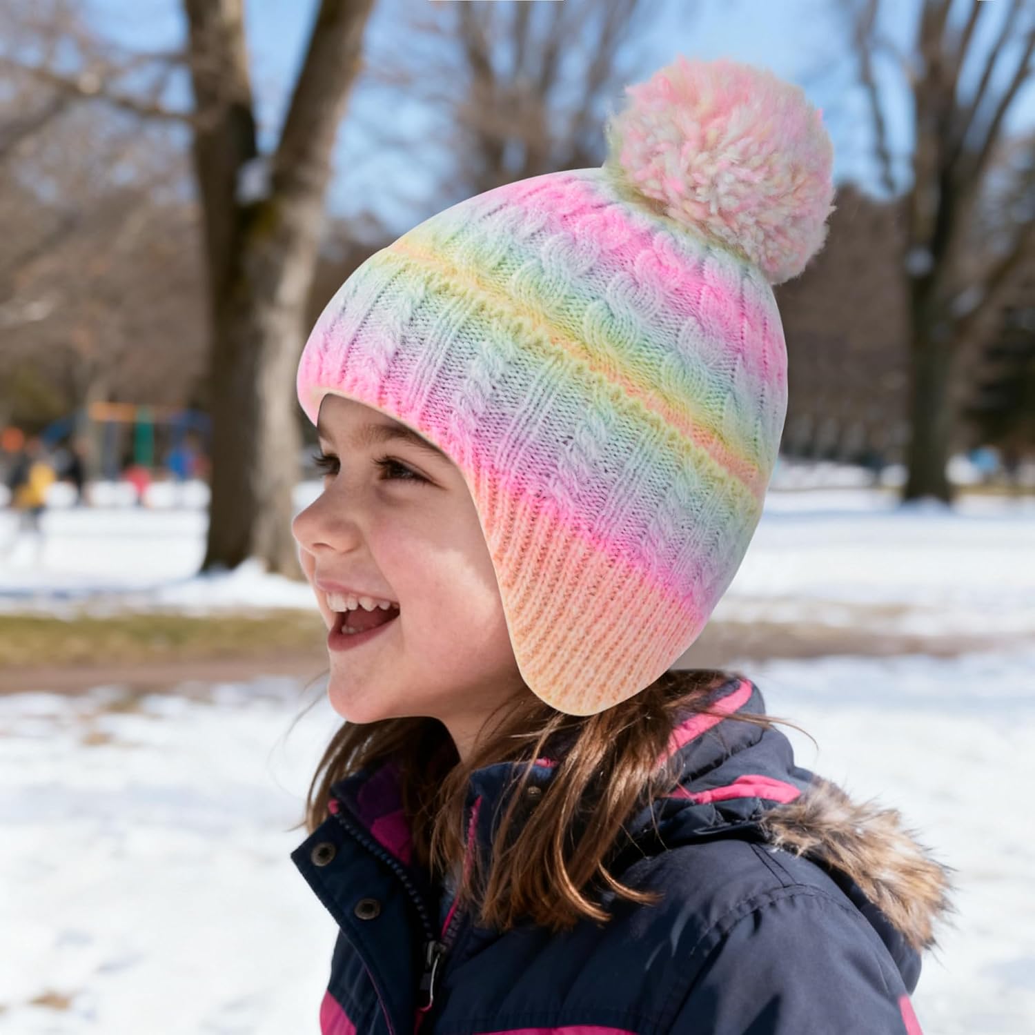 Girls Winter Knit Beanie with Pom & Ear Flaps - Warm Fleece Lined Hat (Ages 3-12), Colorful Cable Knit, Cuffed Edge