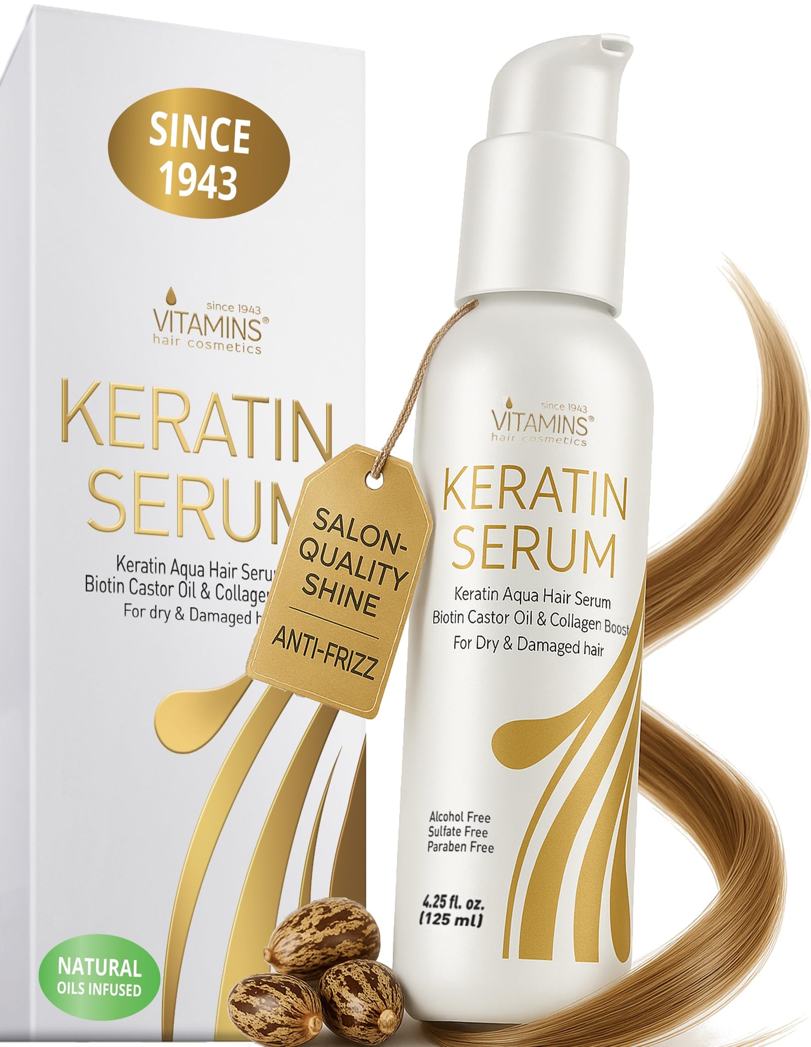 Keratin Hair Serum for Frizzy and Damaged Hair - Anti Frizz Serum with Biotin, Castor Oil & Collagen for Heat Protection, Shine and Gloss Treatment - 4.25 Fl Oz