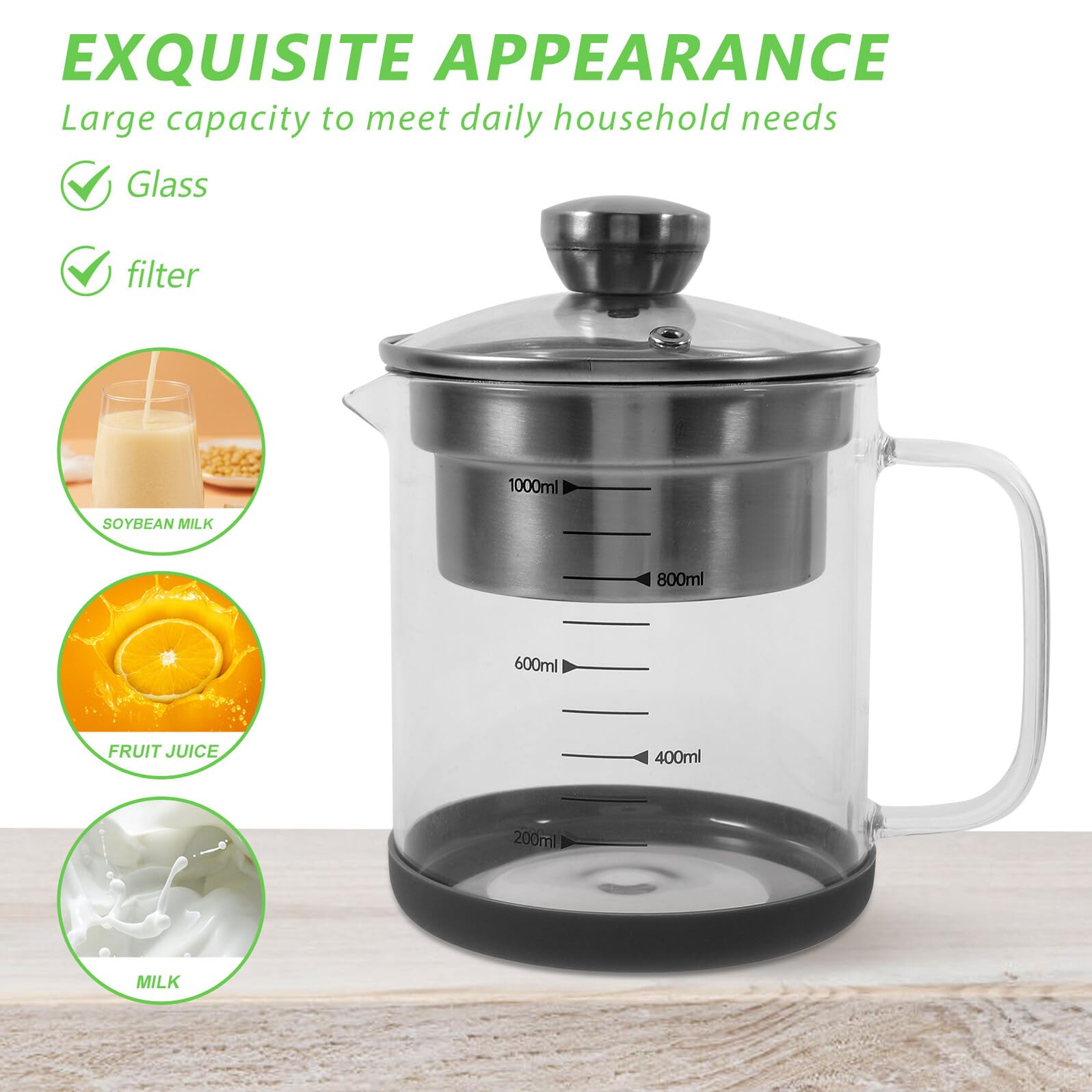 SEWACC Sojamilchfilter aus Glas und Edelstahl mit 1l Fassungsvermögen Feines Küchensieb zum Kochen und Teesieben für Küche und Kochen